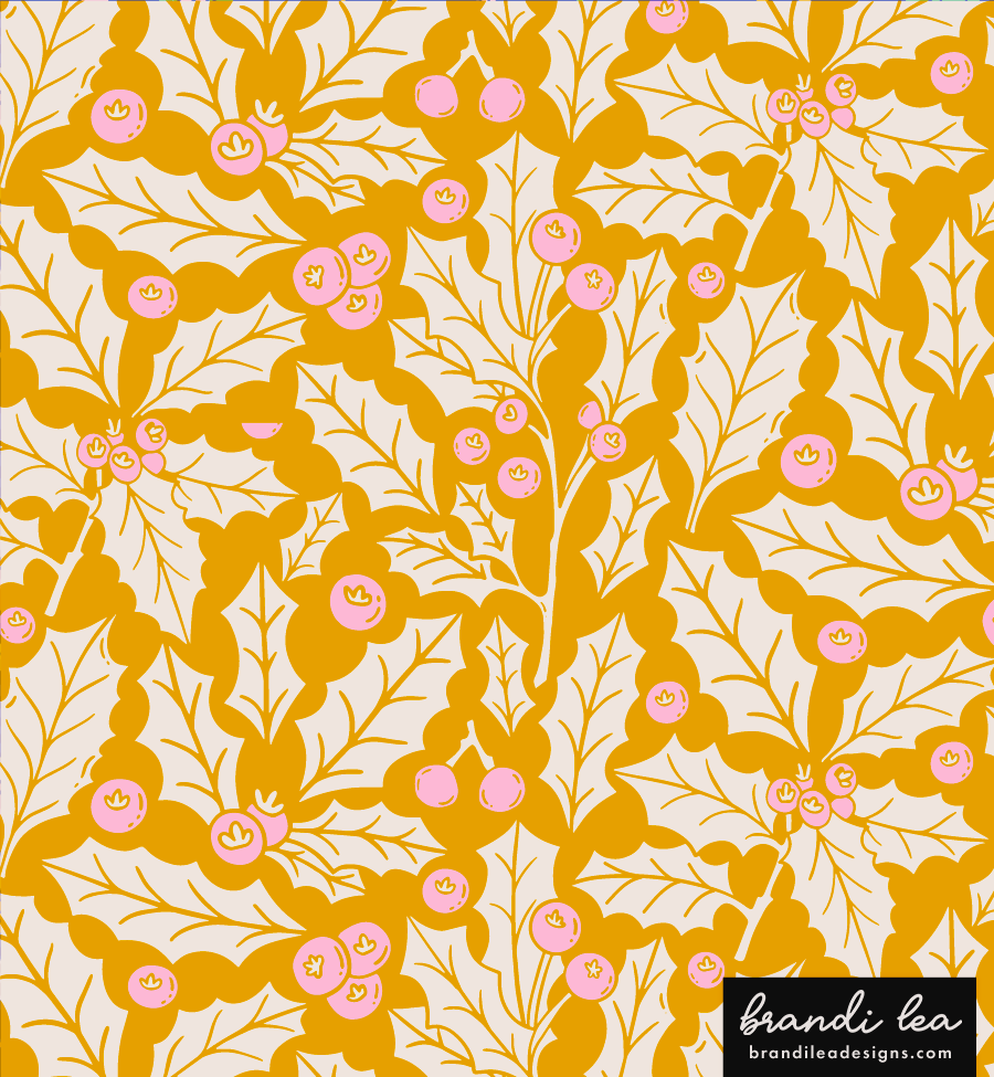 Pattern of holly leaves and berries in gold and pink colors on a beige background.