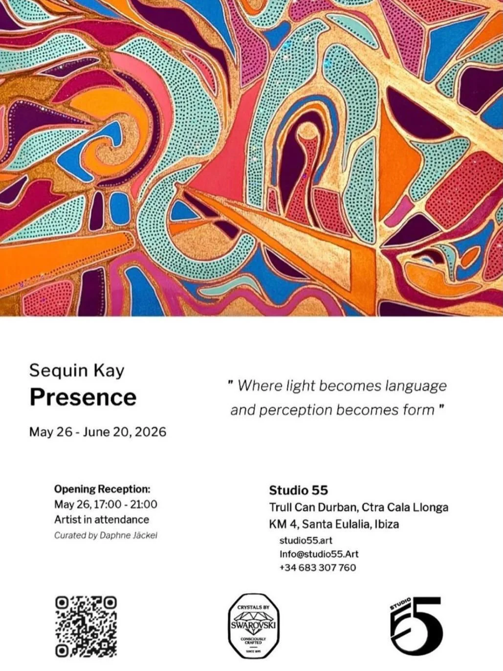 Ibiza Exhibtion Invitation - Tuesday 26th May 2026 17:00 &mdash; 21:00 : a vernisage by Sequin Kay at the exciting new gallery @studio55ibiza

Sequin Kay&rsquo;s work explores the relationship between light, texture, crystal and material expression.
