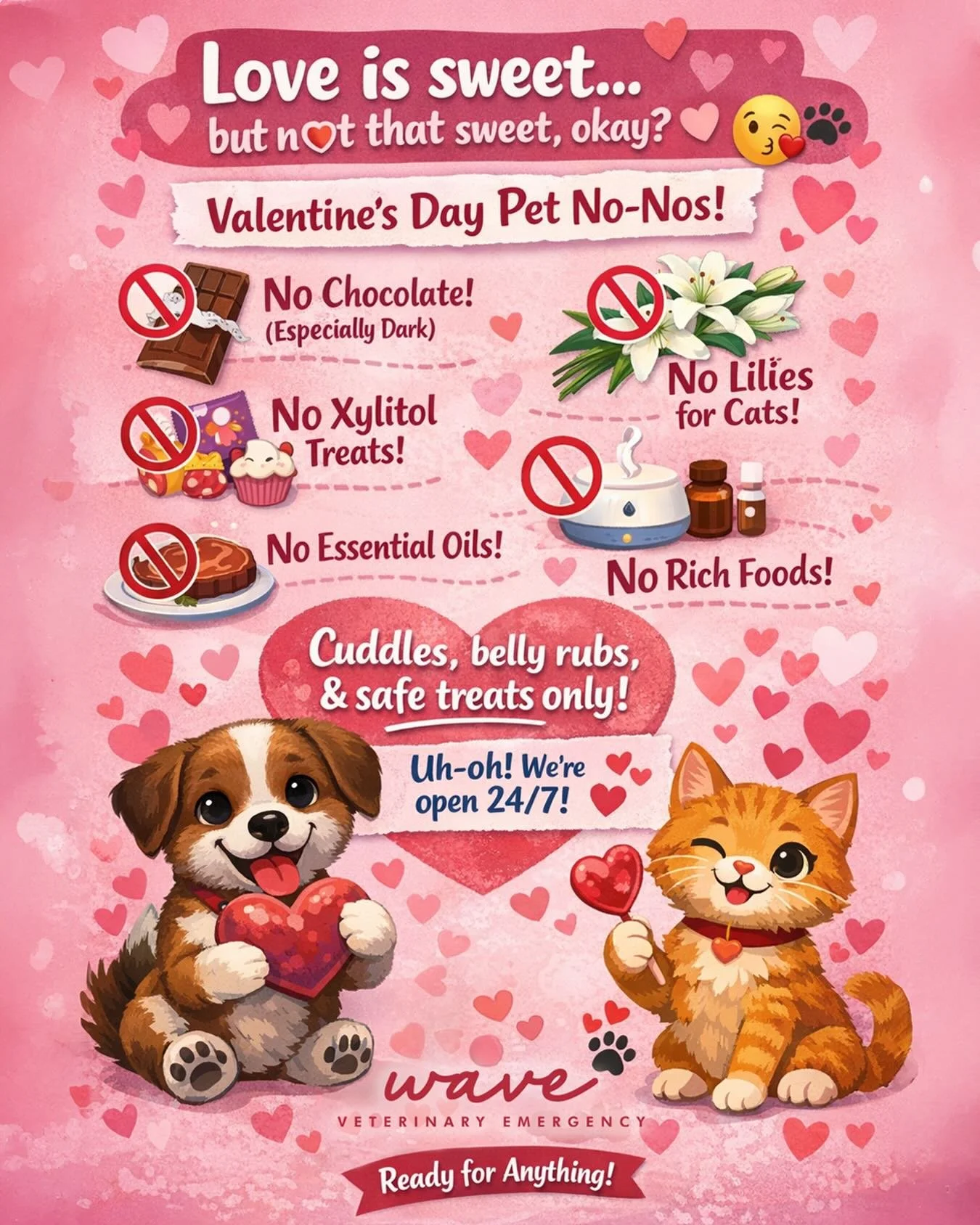 A little awareness goes a long way in making Valentine&rsquo;s Day calm, cozy, and emergency-free.💕🐾

🍫 Even small amounts of chocolate can be toxic to dogs and cats, dark chocolate is especially dangerous. 💐 Lilies are extremely toxic to cats, a