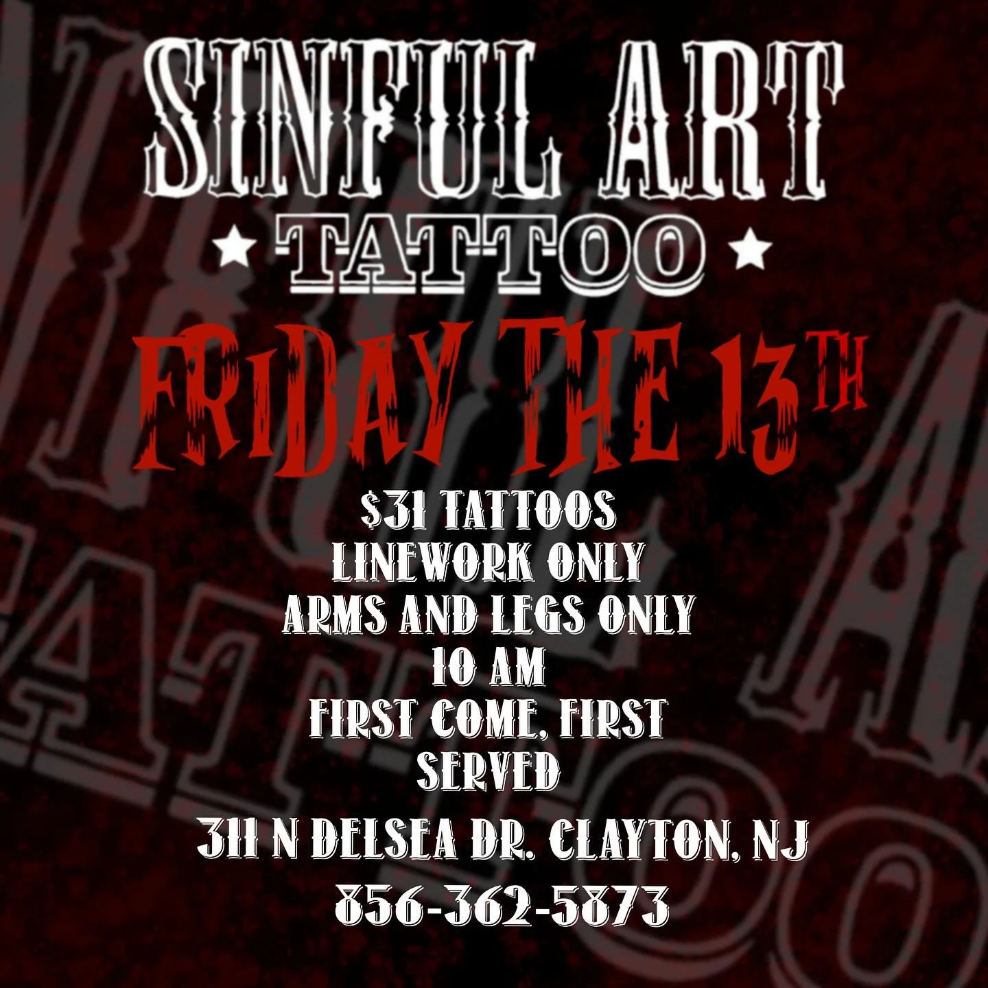๐จFriday the 13th flash drop๐จ
Sinful Art is back at it again for another Friday the 13th! This time, with a twist! These are only SOME of the flash designs we will be tattooing this Friday the 13th. We have mystery flash sheets that will NOT be pos