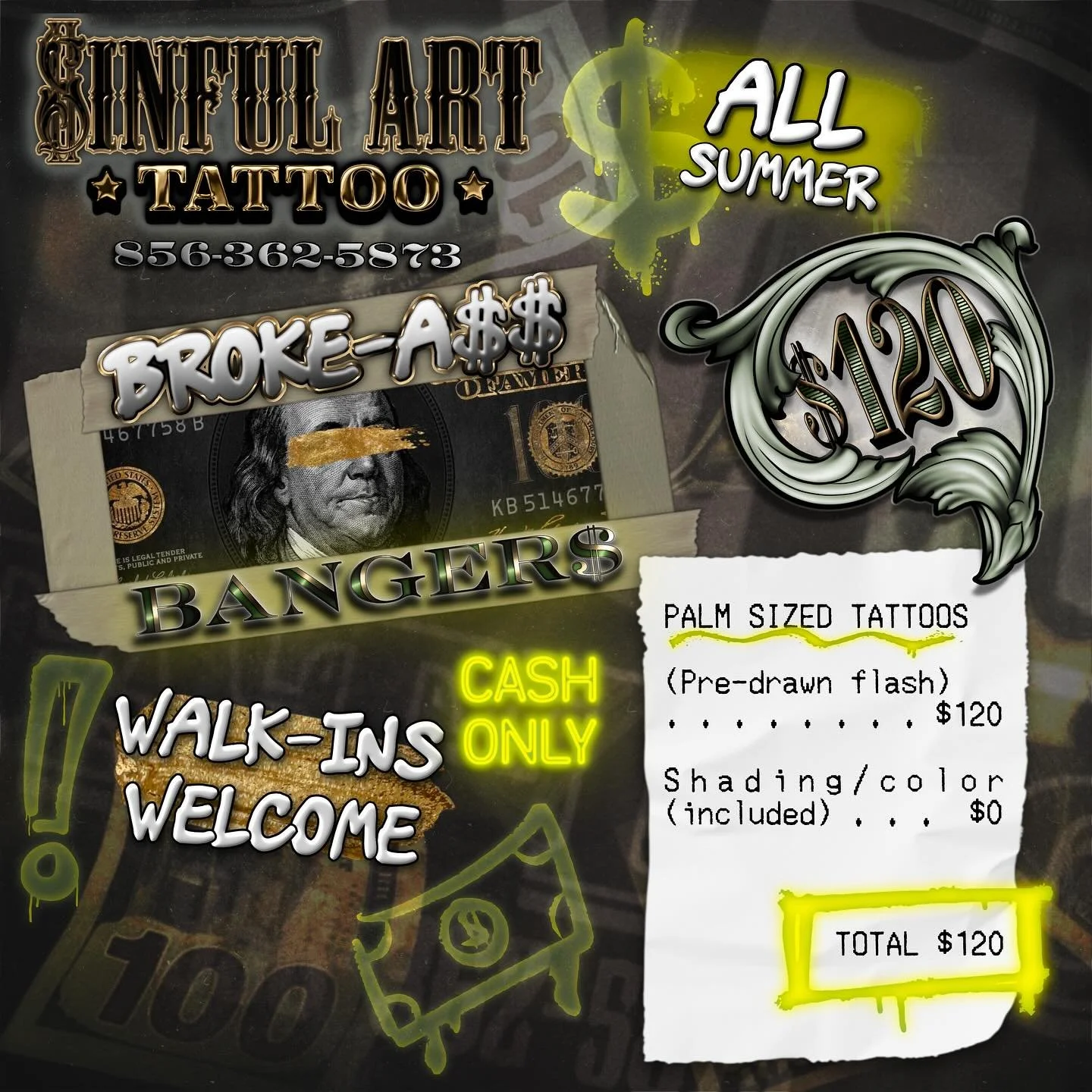 We’re not done with our flash deals yet!
Get ready because starting today until the end of summer we are offering these broke bangers for steal! Choose any of these repeatable flash designs off this post for only $120, full shading and color i