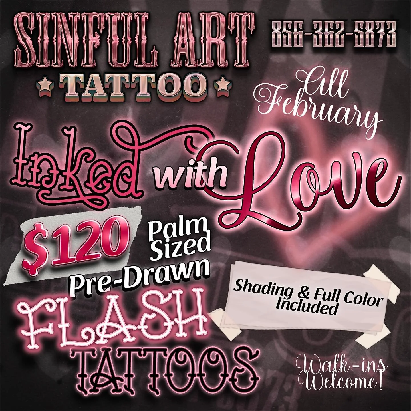 CALLING ALL LOVERSโฃ๏ธ
Get ready, because from now until the end of Febuary we are offering a new flash special! Choose any of these repeatable flash designs off of this post for only $120, full shading and color included! All designs will be roughly p