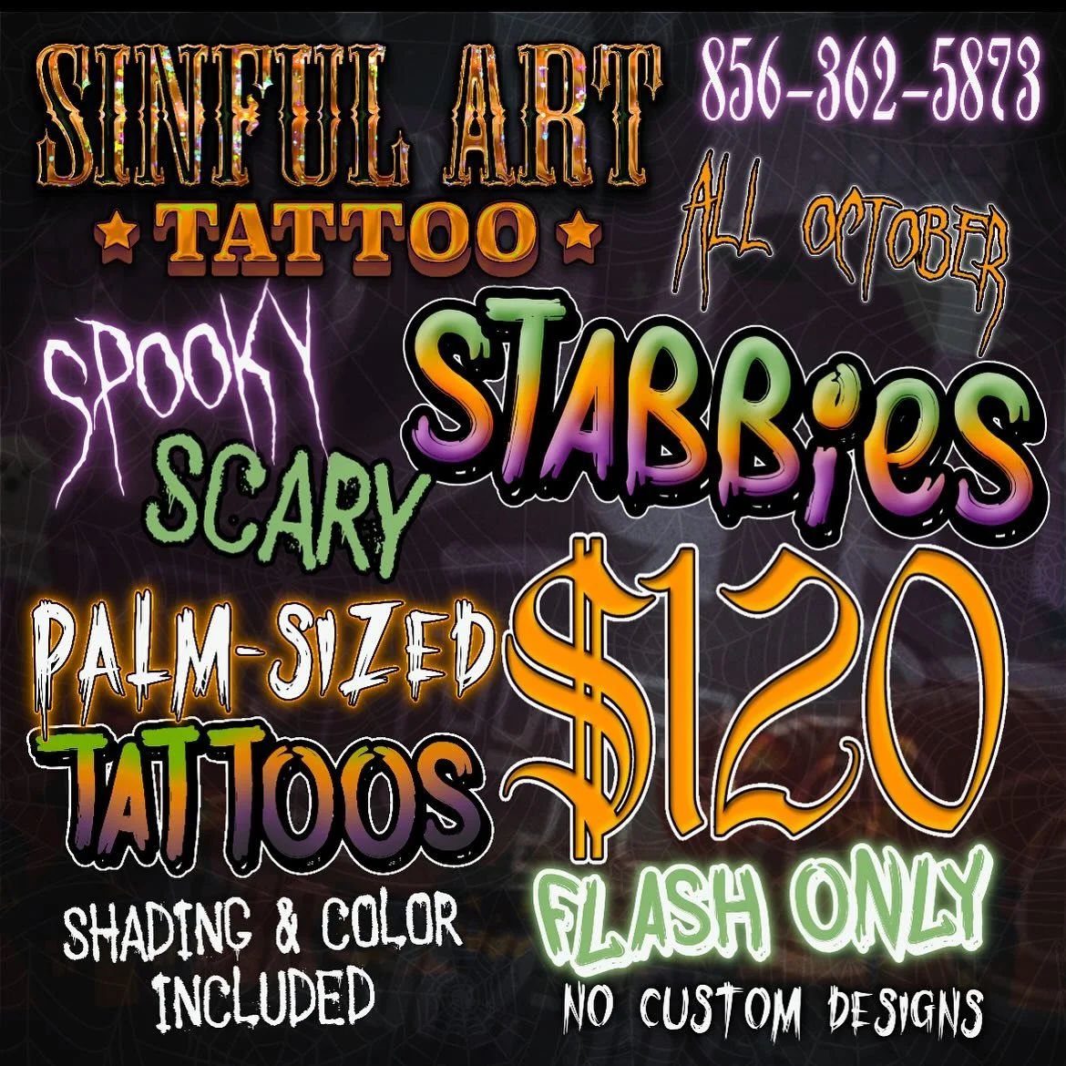 NO TRICKS, JUST TREATS THIS SEASON🎃💀🦇
It’s that time of year again and from now until October 31st, we are offering our spooky, scary, stabbies flash deal! Choose any of these repeatable flash designs off this post for only $120, full shadi