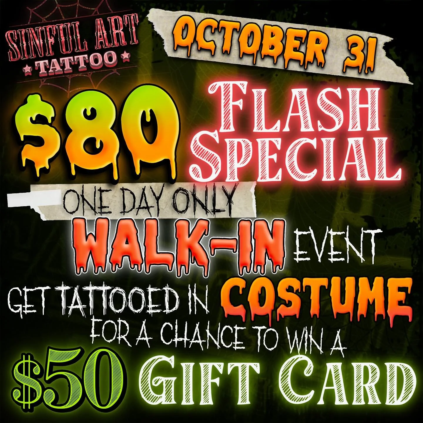 NO TRICKS, JUST A TREAT FOR OUR CLIENTS🎃🦇
This Friday, Halloween day, Sinful Art is hosting an $80 Halloween flash special! All designs will be roughly 3’’ by 3’’ and will include shading and full color! This event will be