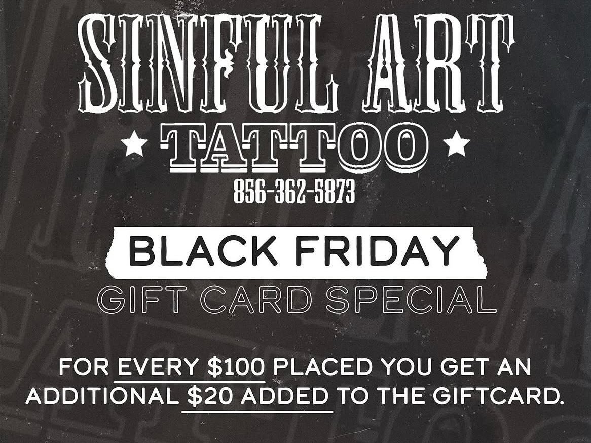 It&rsquo;s that time of year again! From now until 12/24/25 for every $100 you spend on a gift card, you&rsquo;ll receive an additional $20 on us just as a thank you from Sinful Art! 
Gift cards can only be purchased in shop. Thank you to everyone fo