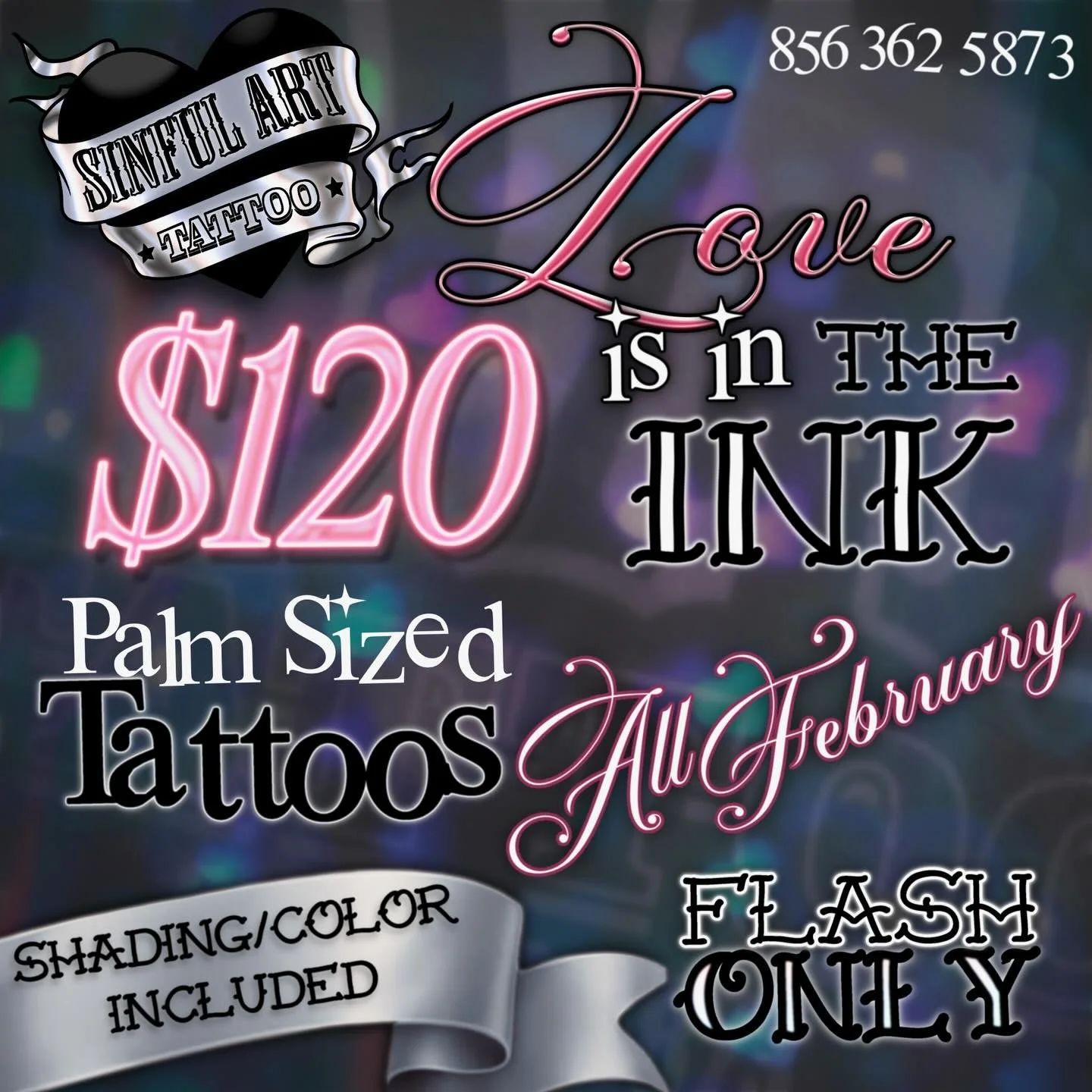 CALLING ALL LOVERS❣️
We&rsquo;re back again for another flash special! From now until the end of February, choose any of these repeatable flash designs for only $120! Color and shading is always included! All designs will be roughly palm sized. There