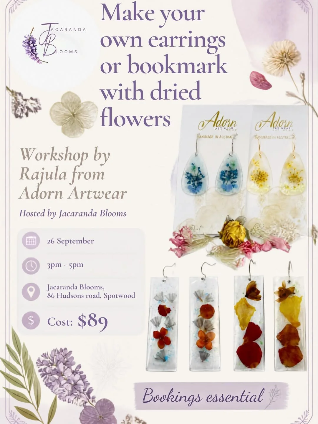 Make Your Own Earrings or Bookmark with Dried Flowers Workshop