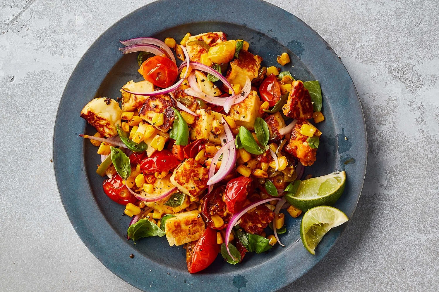 Halloumi With Corn, Cherry Tomatoes and Basil