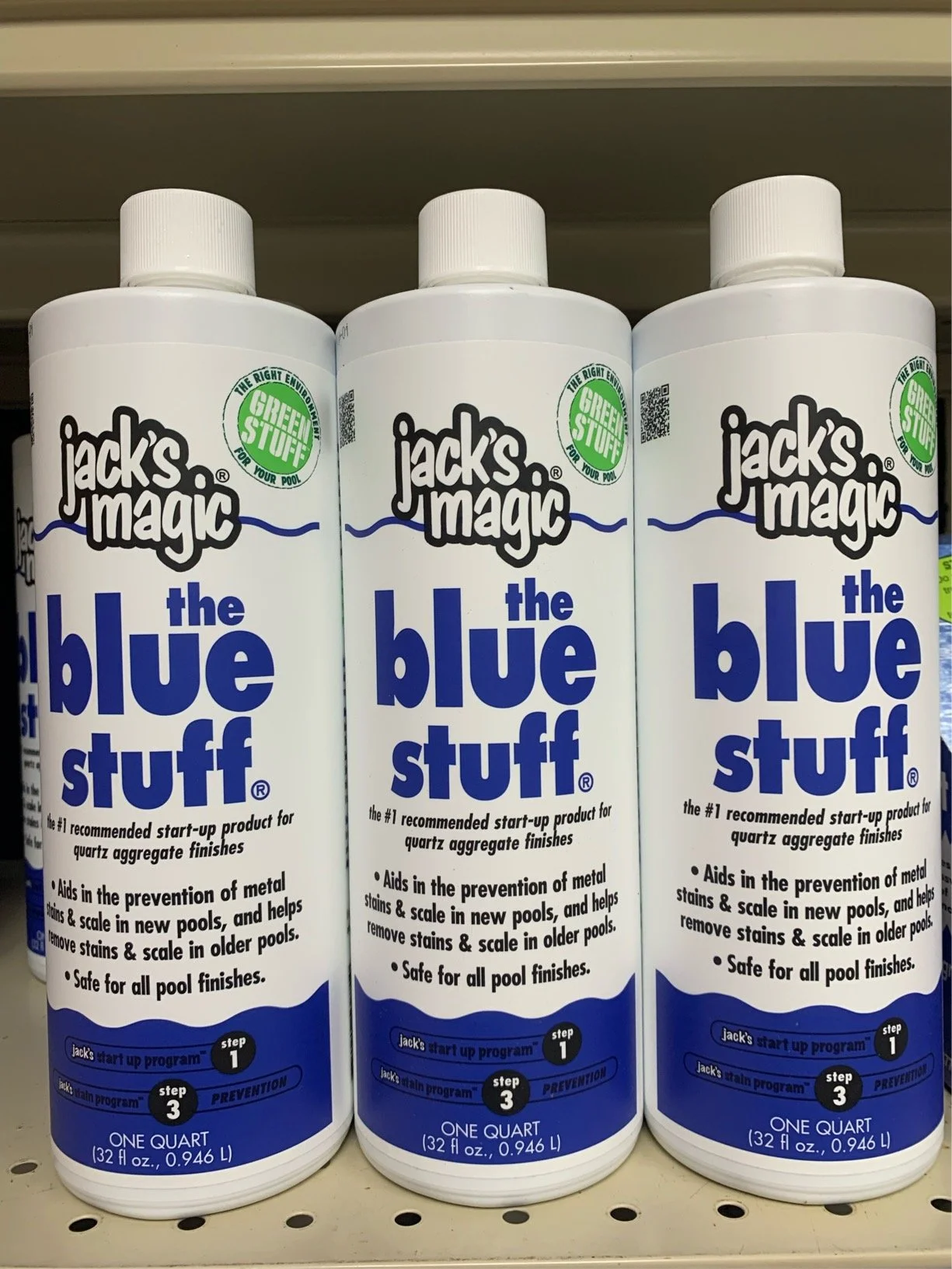 Bottle of The Blue Stuff on shelf
