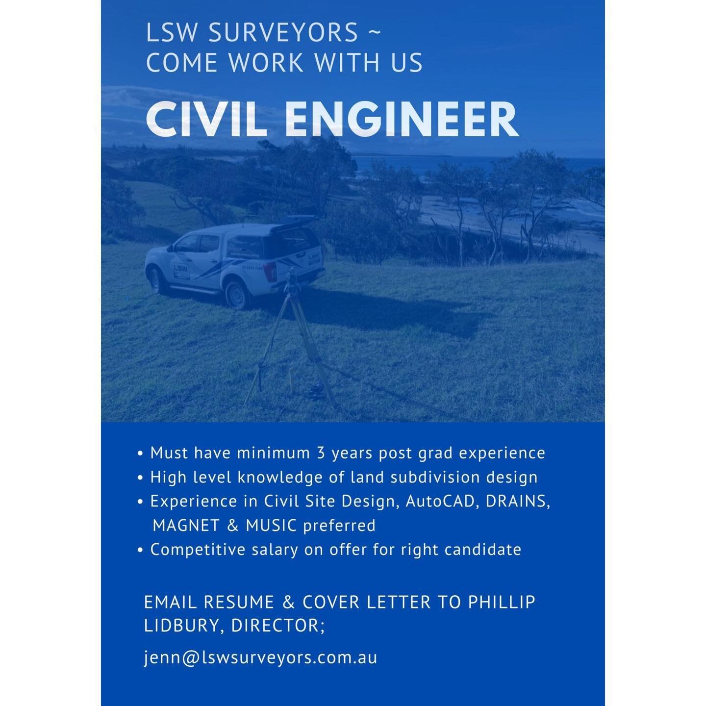 COME &amp; JOIN US! We are a busy engineering &amp; surveying firm located on the beautiful Mid North Coast of NSW. CONTACT US TODAY 🙌🏻 
.
.
.
#lswsurveyors #civilengineering #civilengineer #design #forster #nsw #sydney #newcastle #engineersaustral