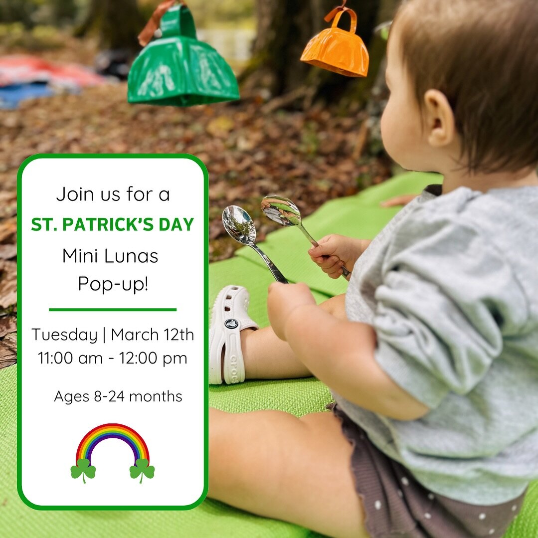 Get ready to sham-rock and roll! 🍀 Join us for a magical St. Patrick&rsquo;s Day Mini Lunas pop-up class on Tuesday, March 12th! Let your little leprechauns soak up the sunshine while you enjoy a nice cup of Irish coffee (non-alcoholic, sorry grownu