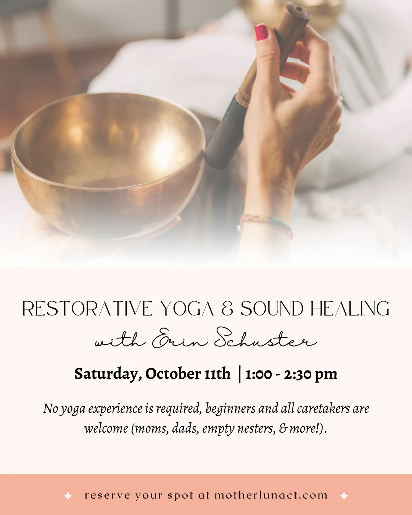 Step out of the rush and into deep restoration. ✨

Join us this Saturday, October 11th from 1&ndash;2:30 PM for Restorative Yoga &amp; Sound Healing with Erin Schuster.

Through gentle movement, breathwork, meditation, and the healing tones of crysta
