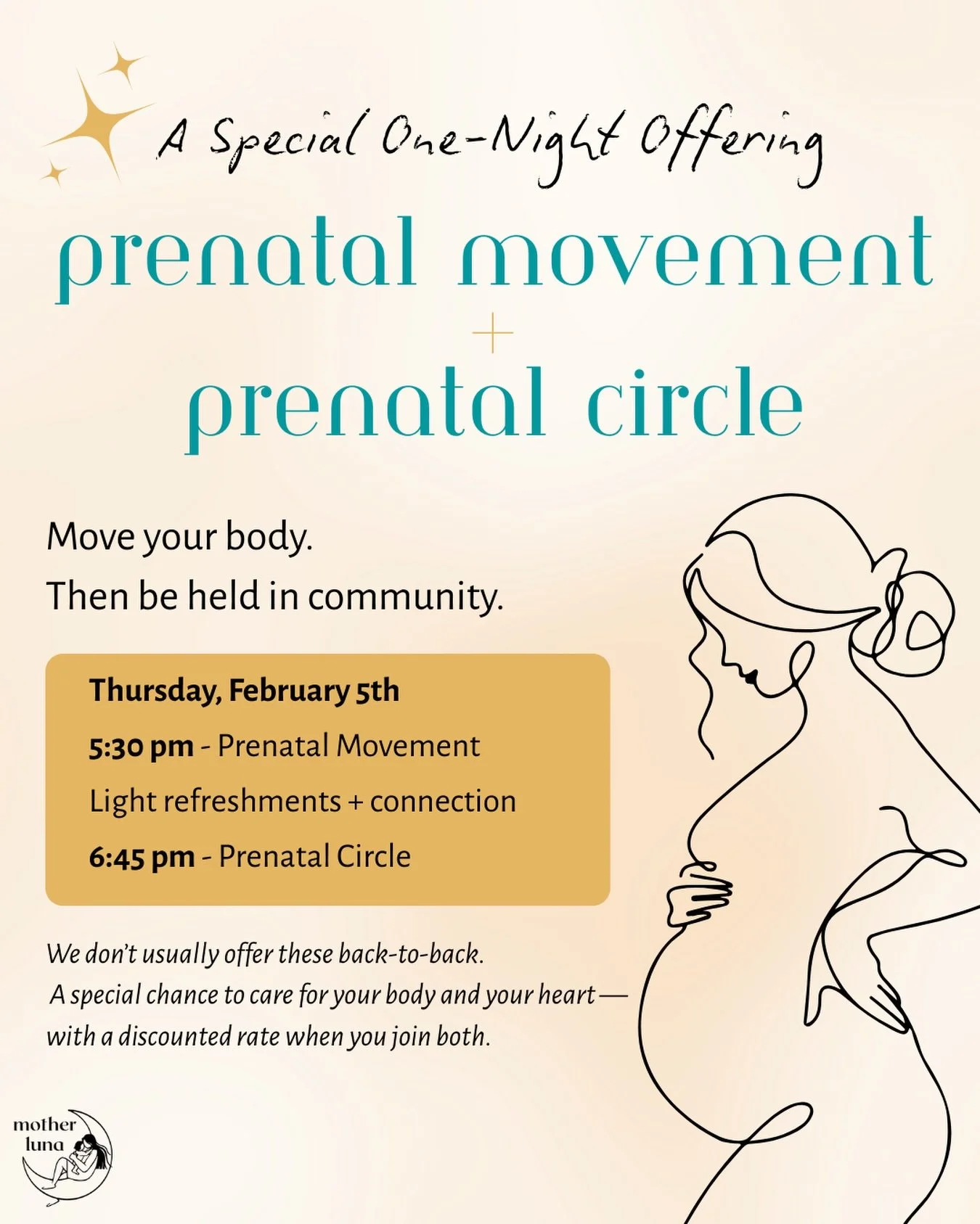 Something special next week ✨

For the first time, we&rsquo;re offering Prenatal Movement + Prenatal Circle back-to-back - a chance to care for your body and your heart in one evening.

🗓 Thursday 5:30PM - Prenatal Movement 6:45PM - Prenatal Circle 
