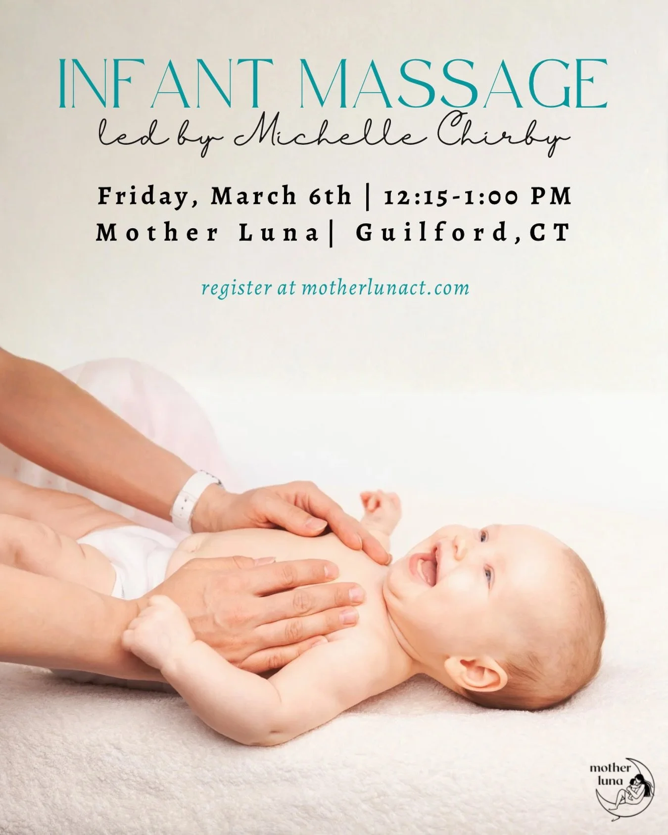 Your baby already loves your touch. 💛
Now learn how to use it with confidence.

Our 𝐈𝐧𝐟𝐚𝐧𝐭 𝐌𝐚𝐬𝐬𝐚𝐠𝐞 class is now a monthly offering at Mother Luna - a simple, powerful way to bond with your baby while learning soothing techniques you can