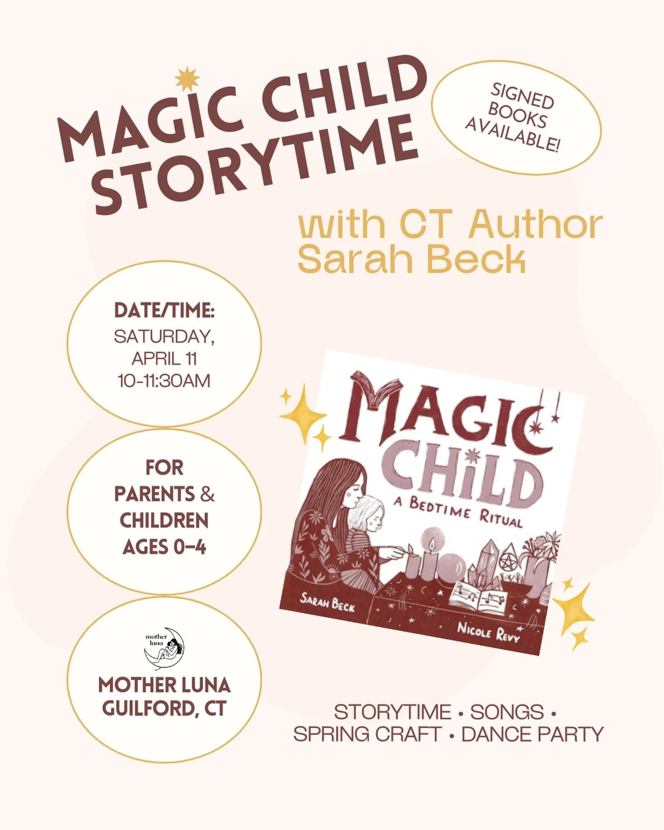 ✨ A magical storytime is coming to Mother Luna ✨

Join us for a special spring morning with Connecticut children&rsquo;s book author Sarah Beck, featuring her enchanting book 𝑴𝒂𝒈𝒊𝒄 𝑪𝒉𝒊𝒍𝒅.

This immersive experience includes: stories, songs,