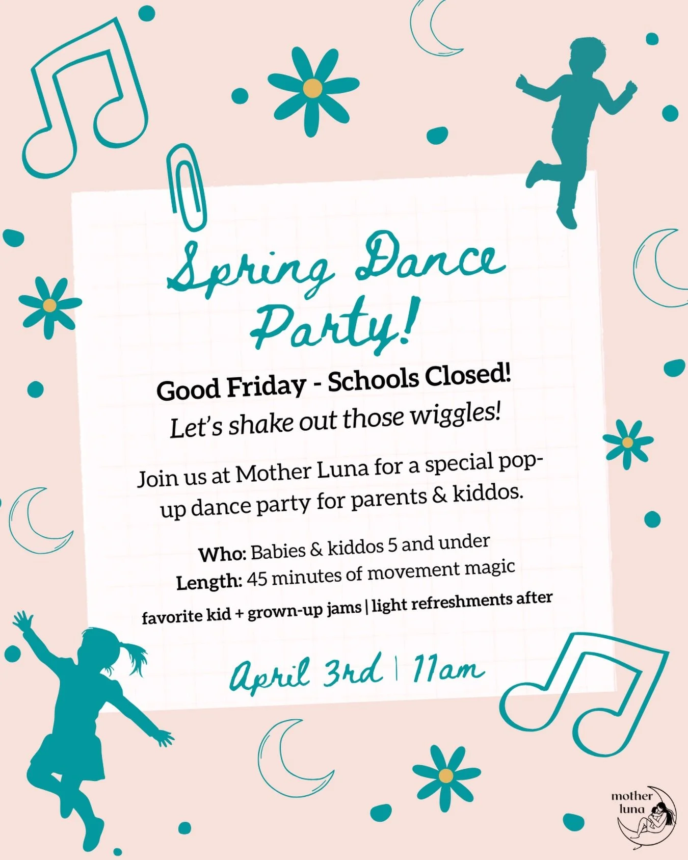 Schools are closed for Good Friday, and we&rsquo;ve got the perfect way to get out of the house!

Join us at Mother Luna for a Spring Dance Party 🌸 -  a 45-minute, playful movement session for grown-ups &amp; kiddos, led by Michelle Chirby @machirby
