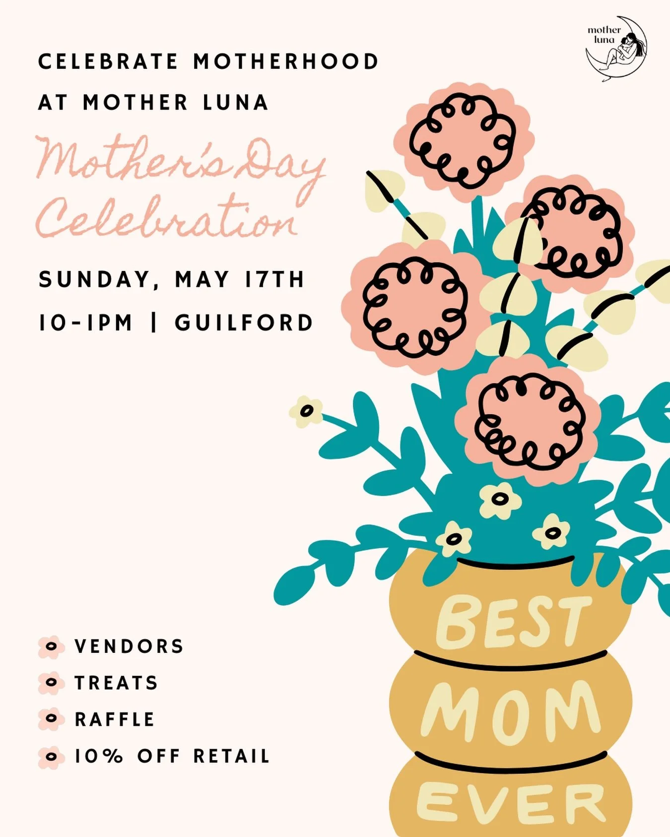We&rsquo;re so excited to share something special we&rsquo;re planning at Mother Luna 💛

Join us for a 𝑴𝒐𝒕𝒉𝒆𝒓 𝑳𝒖𝒏𝒂 𝑴𝒐𝒕𝒉𝒆𝒓&rsquo;𝒔 𝑫𝒂𝒚 𝑪𝒆𝒍𝒆𝒃𝒓𝒂𝒕𝒊𝒐𝒏 in Guilford, CT on Sunday, May 17th from 10 AM &ndash; 1 PM.

Enjoy a mo