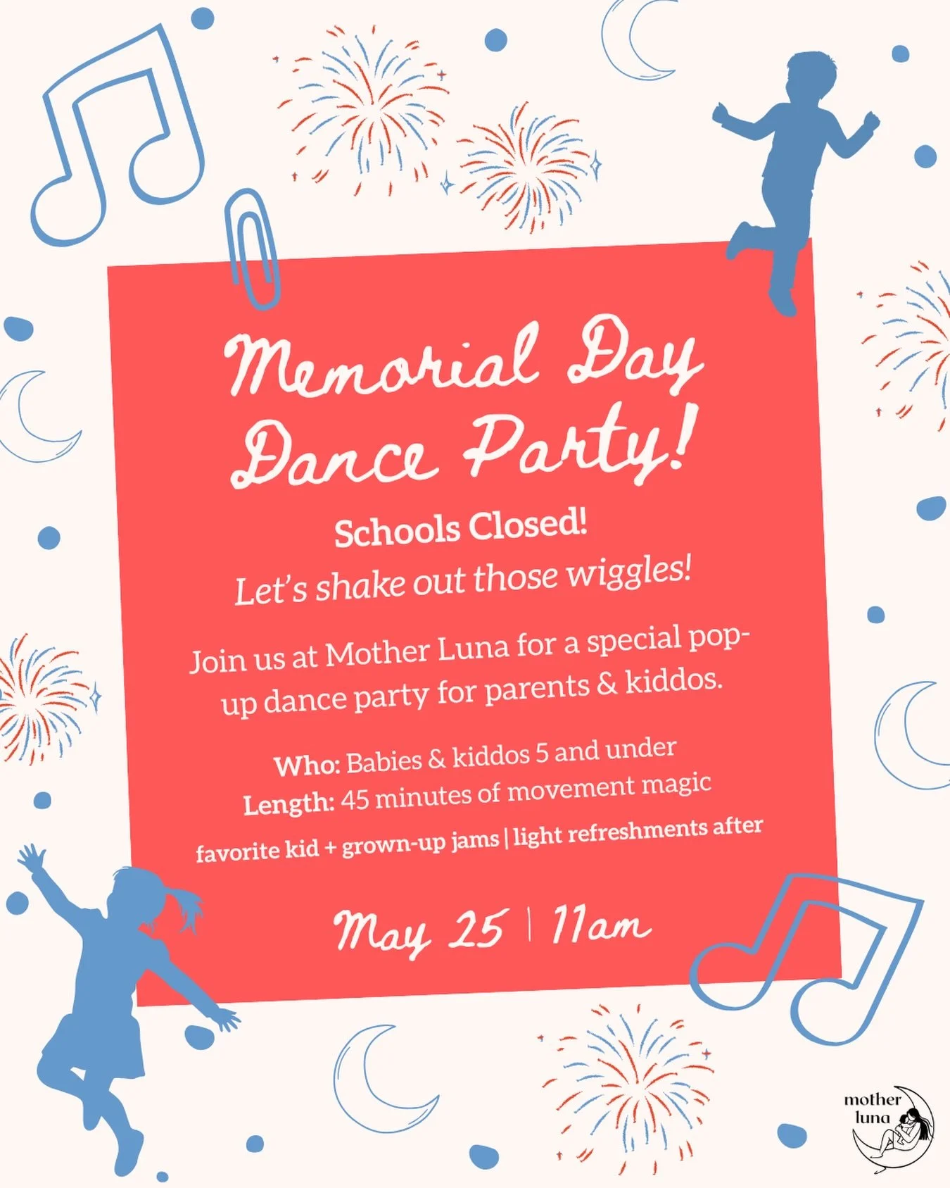 Join us this Memorial Day at Mother Luna for a special pop-up Dance Party with Michelle Chirby @machirby -  a fun, feel-good morning for babies, kiddos, and their grown-ups. We&rsquo;ll dance to favorite kid + grown-up jams, shake out those wiggles, 