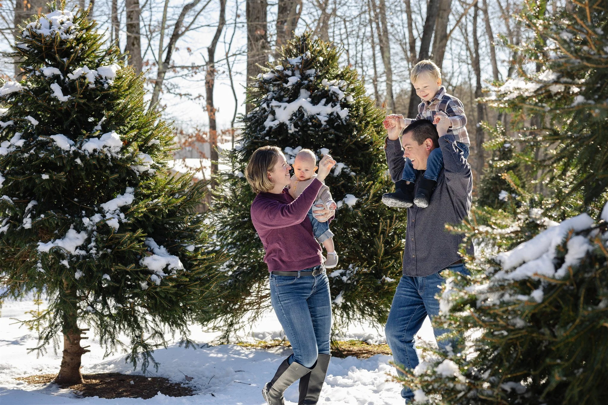 couple kissing their dog on a tree farm