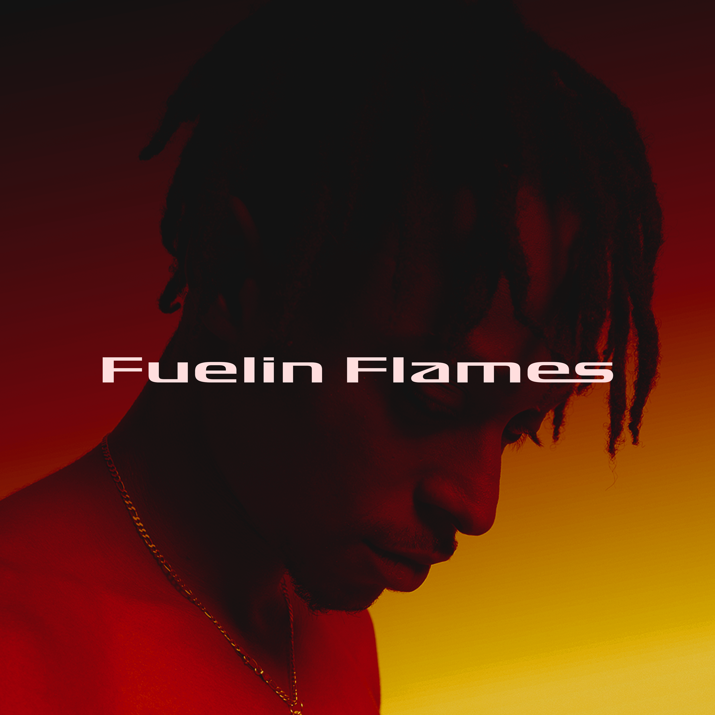 A person with dreadlocks looking downward against a red and yellow gradient background, with the text 'Fuelin Flames' overlaid.
