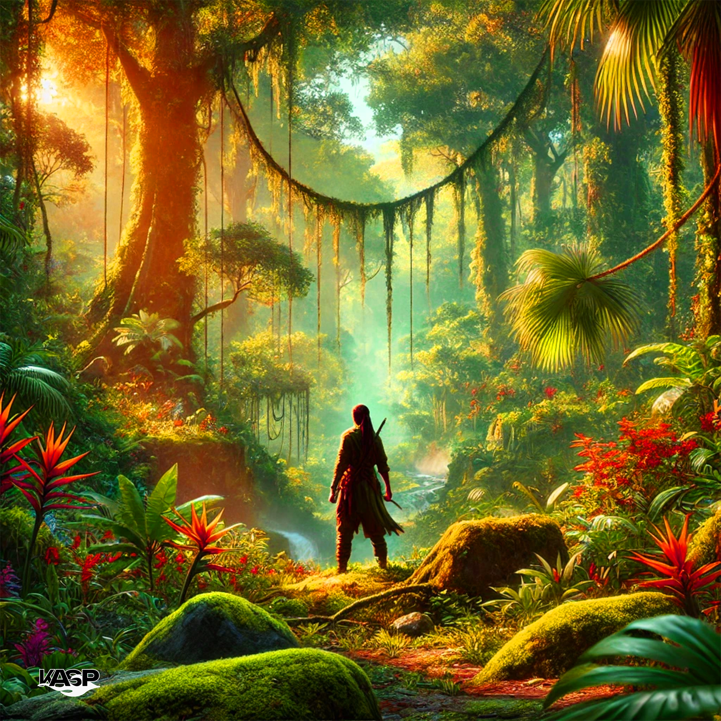 A person with a sword standing in a lush, vibrant jungle with tall trees, hanging vines, colorful flowers, and sunlight filtering through the canopy.