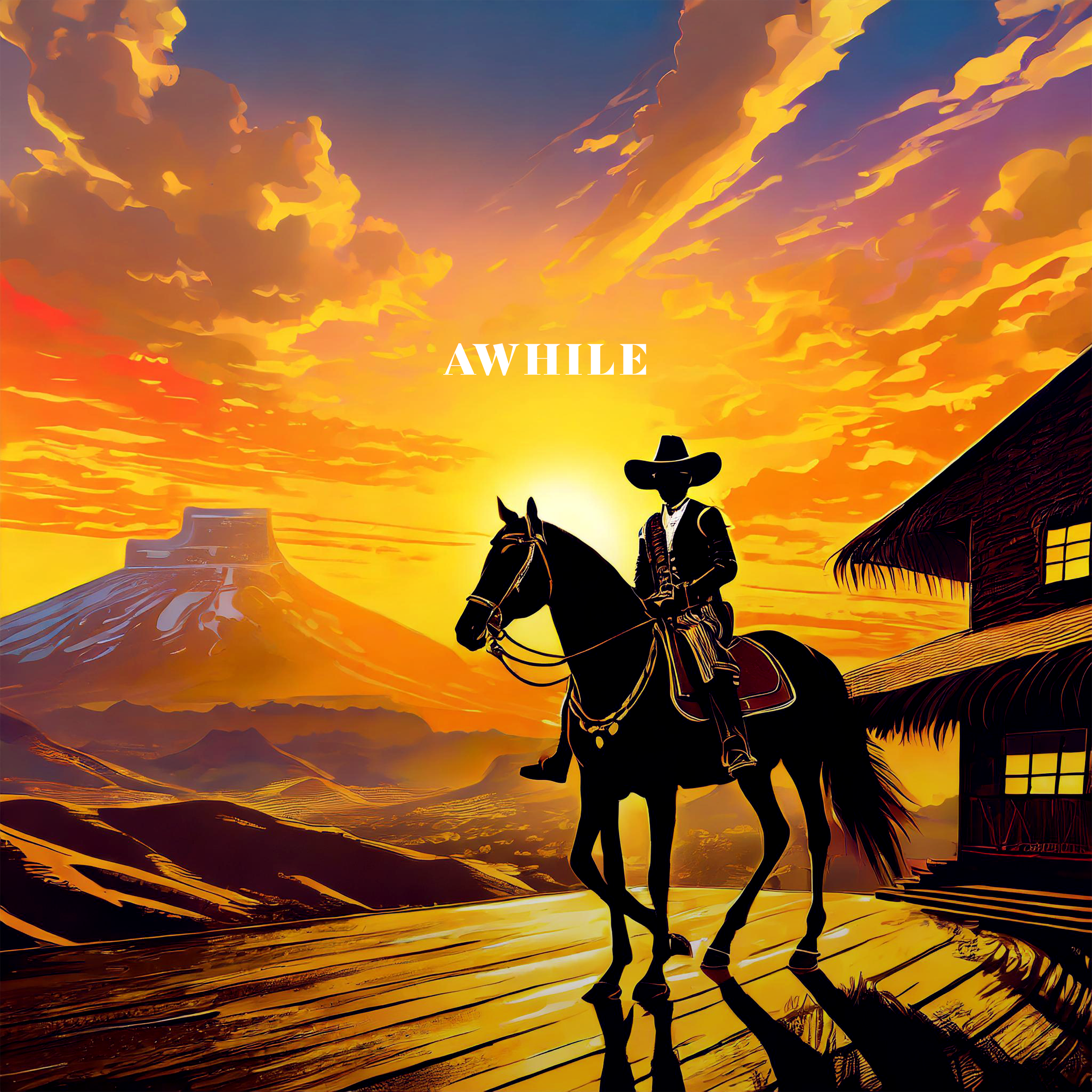 Silhouette of a person riding a horse in front of a sunset, with a mountain and a rustic building in the background, and the word 'AWHILE' in the sky.
