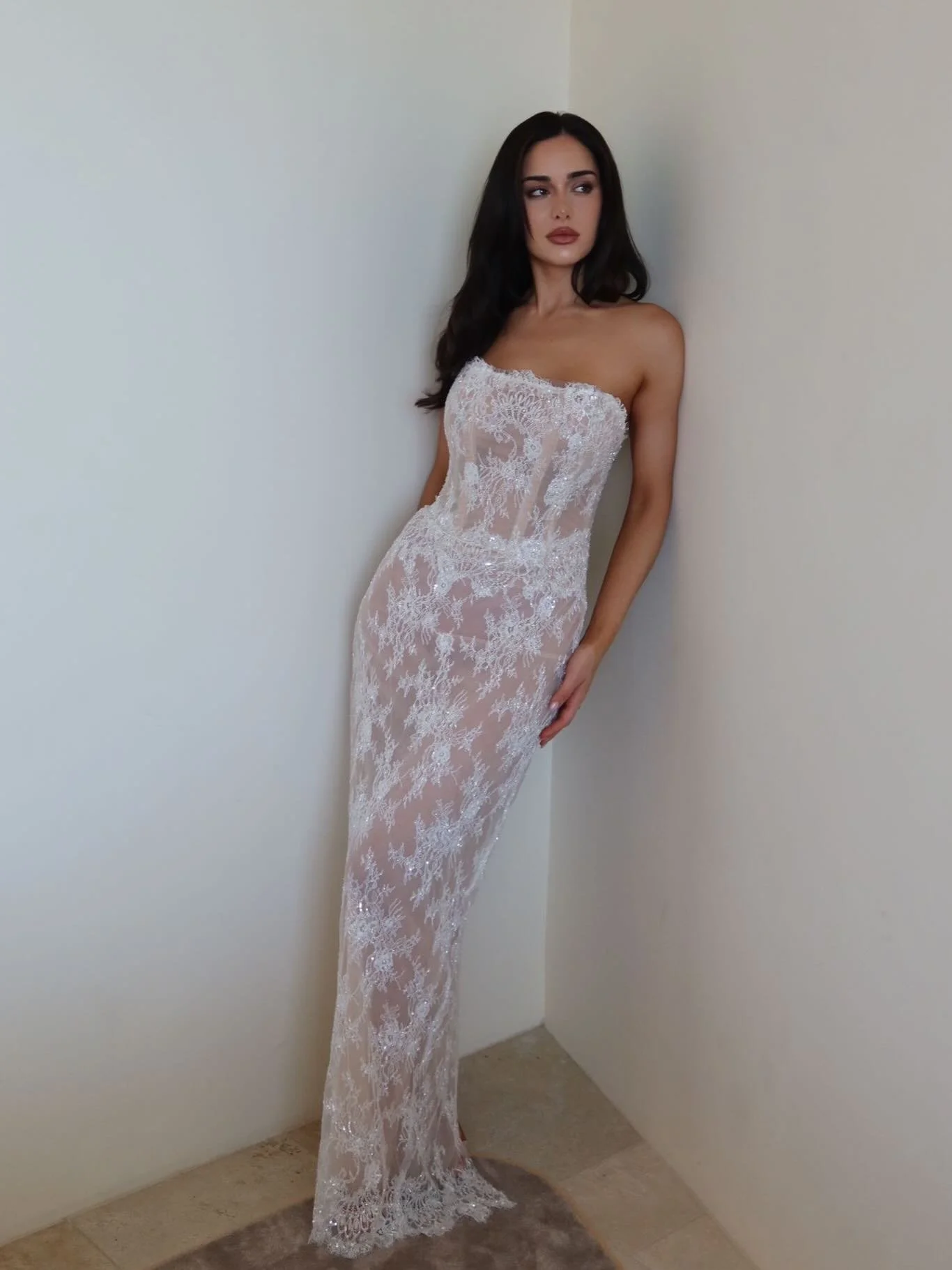 MILA | Angie pictured in our new Mila Layered Gown. A sheer beaded gown with layered scalloped lace on waist.