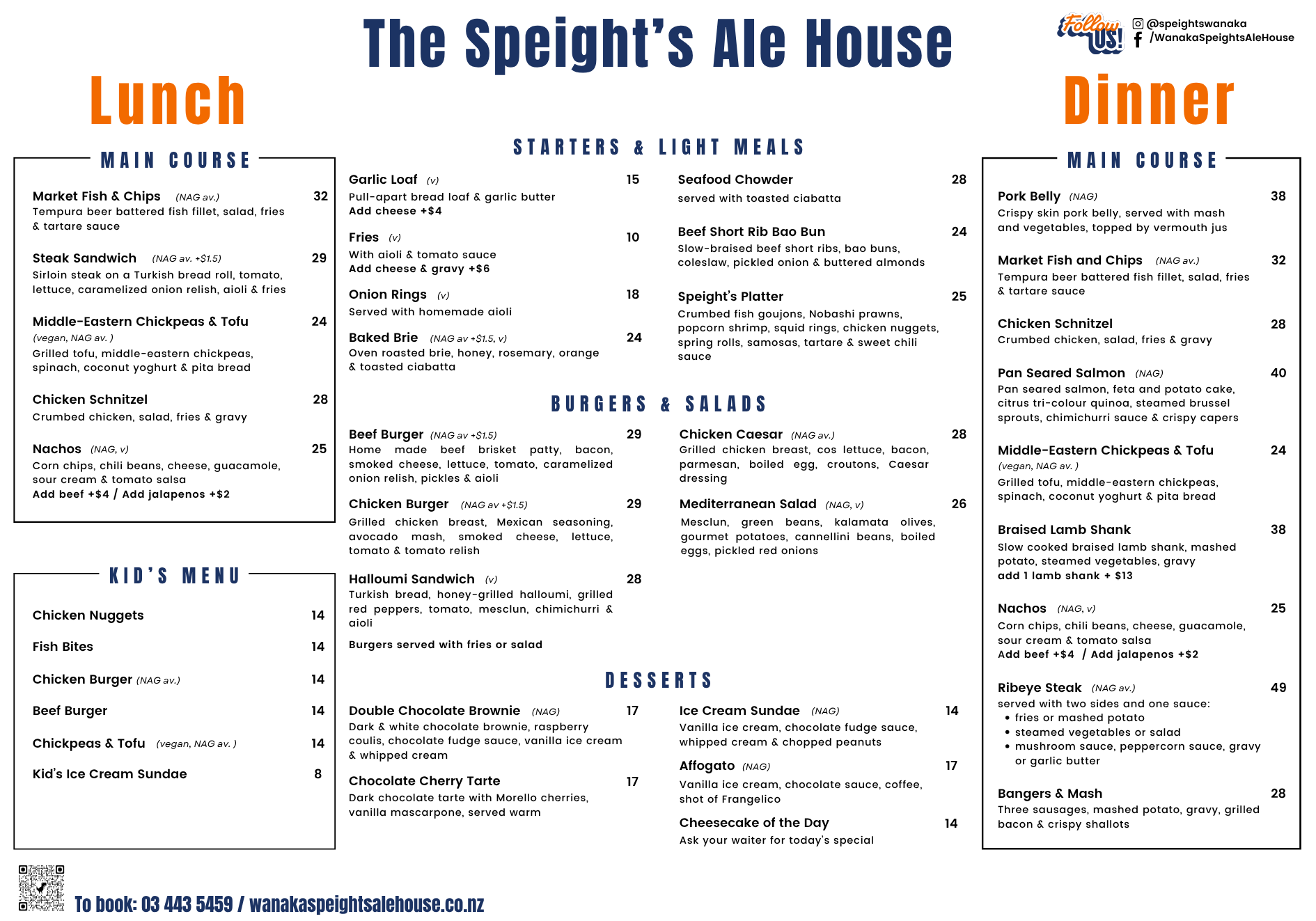 Full menu Wanaka Speights Ale House