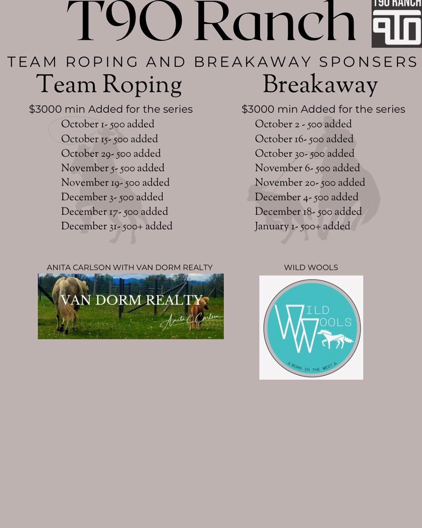 Thank you Anita Carlson with Van Dorm Realty for your $500.00 added money sponsorship for the Team Roping!! 
This is shaping up to be a great series!!
#t90ranch #s&amp;rcustompanels #madsens #hungrightdoors