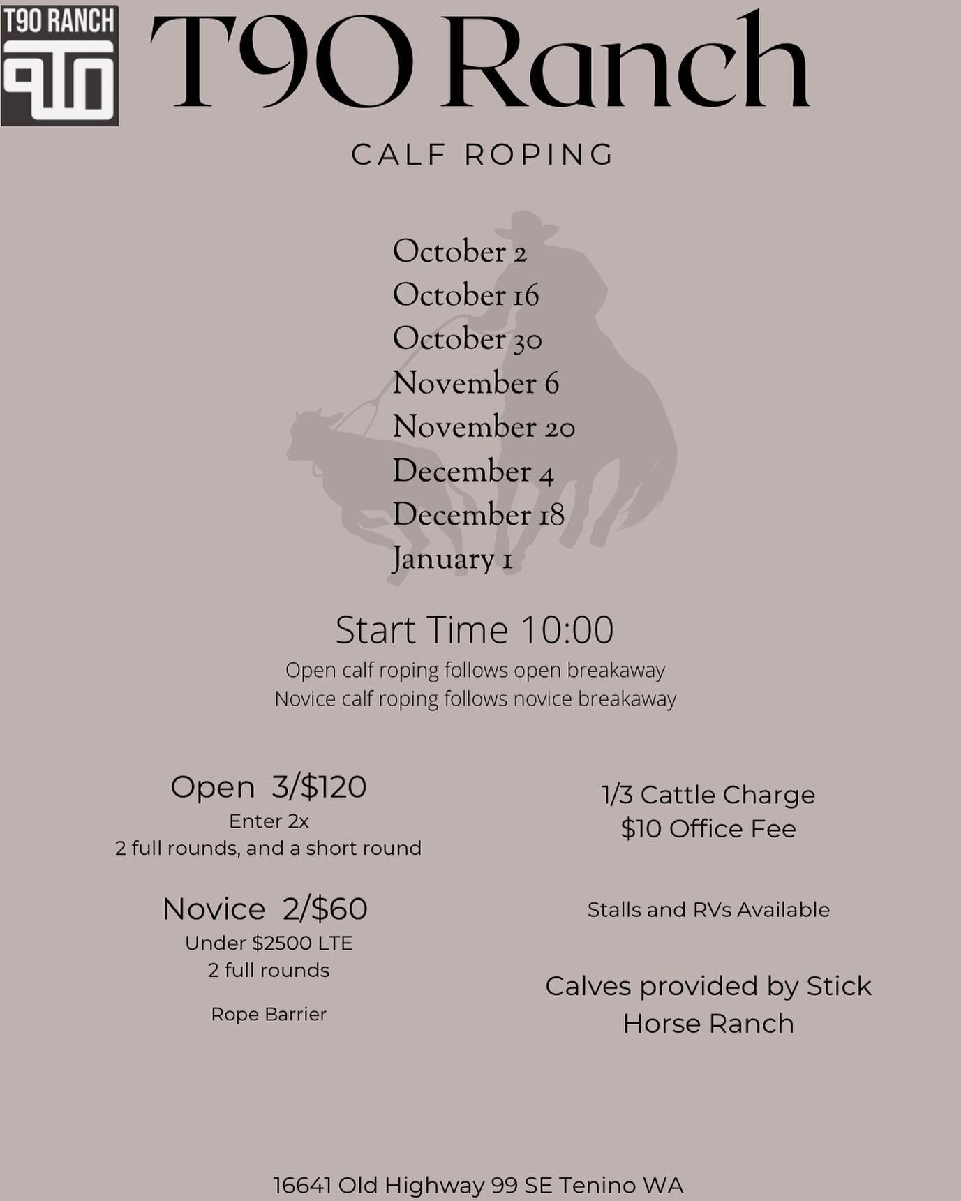 We have added Tie Down roping to our series that starts Oct. 1st.
- tiedown open follows the Breakaway open.
-Novice tiedown follows Breakaway Novice.
More opportunities.
More added money!