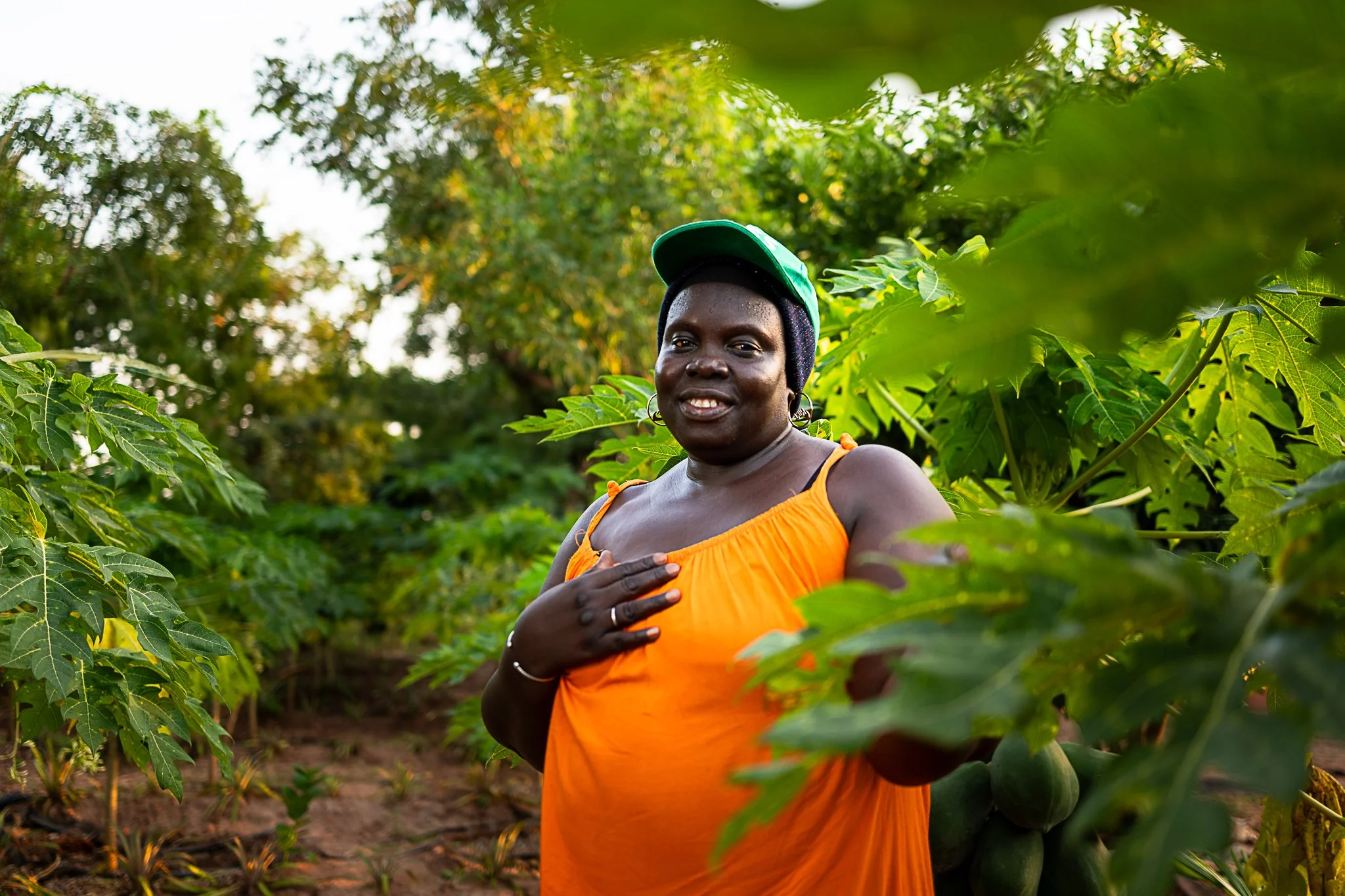 A woman wearing an orange dress and a green cap standing in a lush green garden with papaya plants.