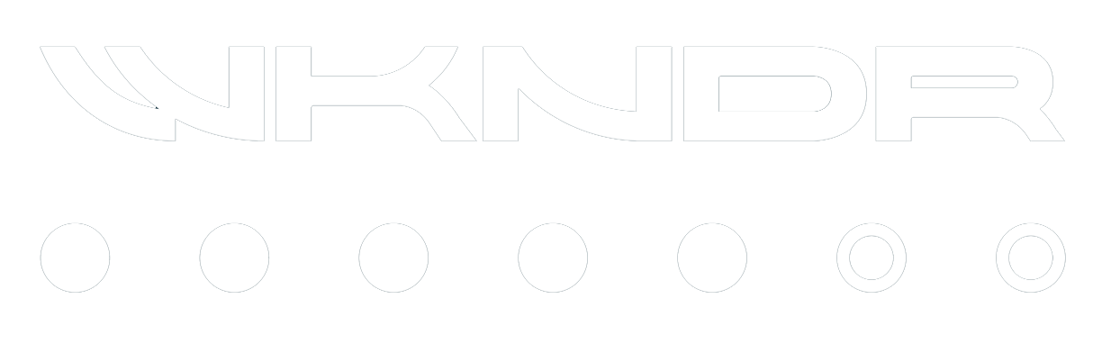 The image features the word 'WKNDR' in stylized white font on a black background, with five white circles underneath, some filled and some outlined.