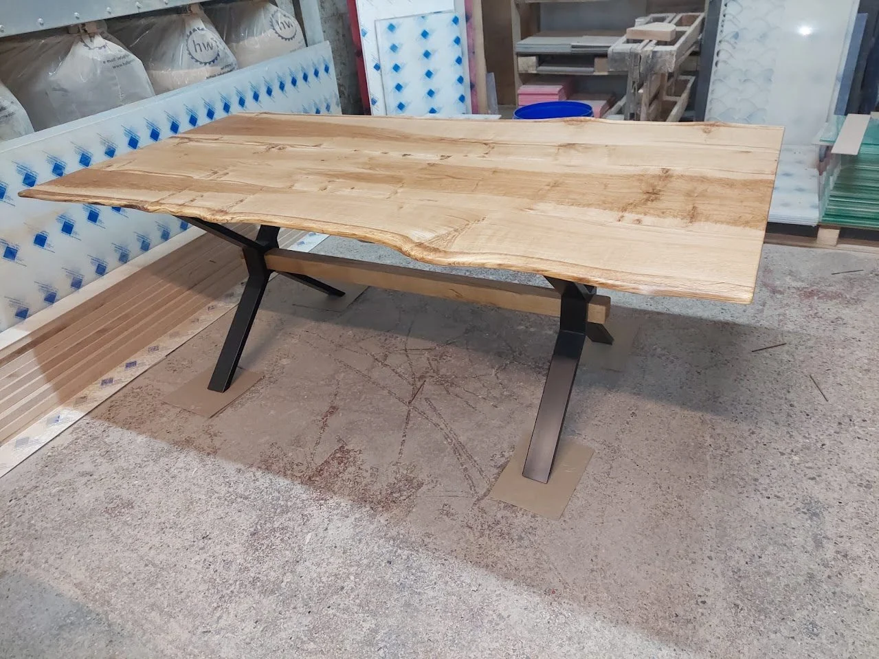 WAney edge Oak dining table with x frame metal legs.JPG