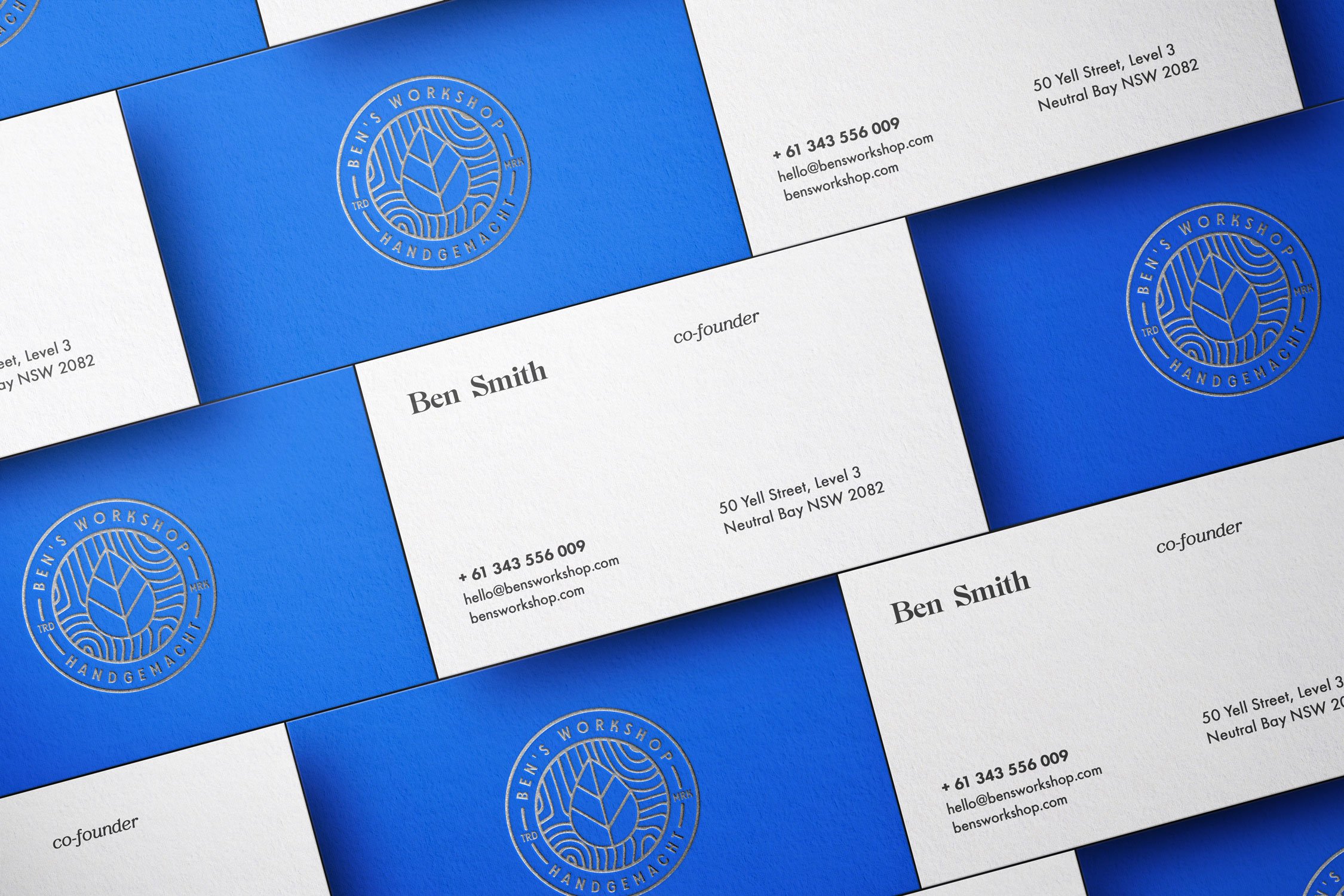 Beautifully designed business cards for Ben's Workshop, featuring a blue and white color scheme and a circular logo with a leaf design and text. The cards include contact information, a name, and a title 'co-founder'.