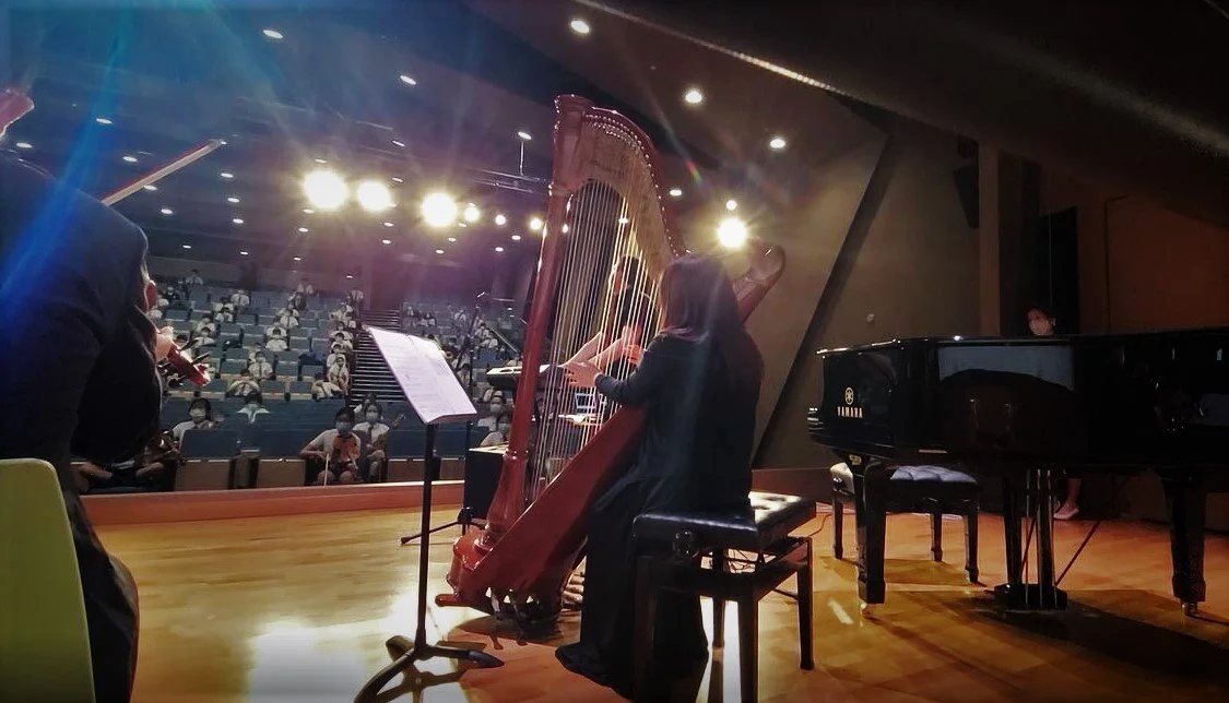 Our harp player performing on stage