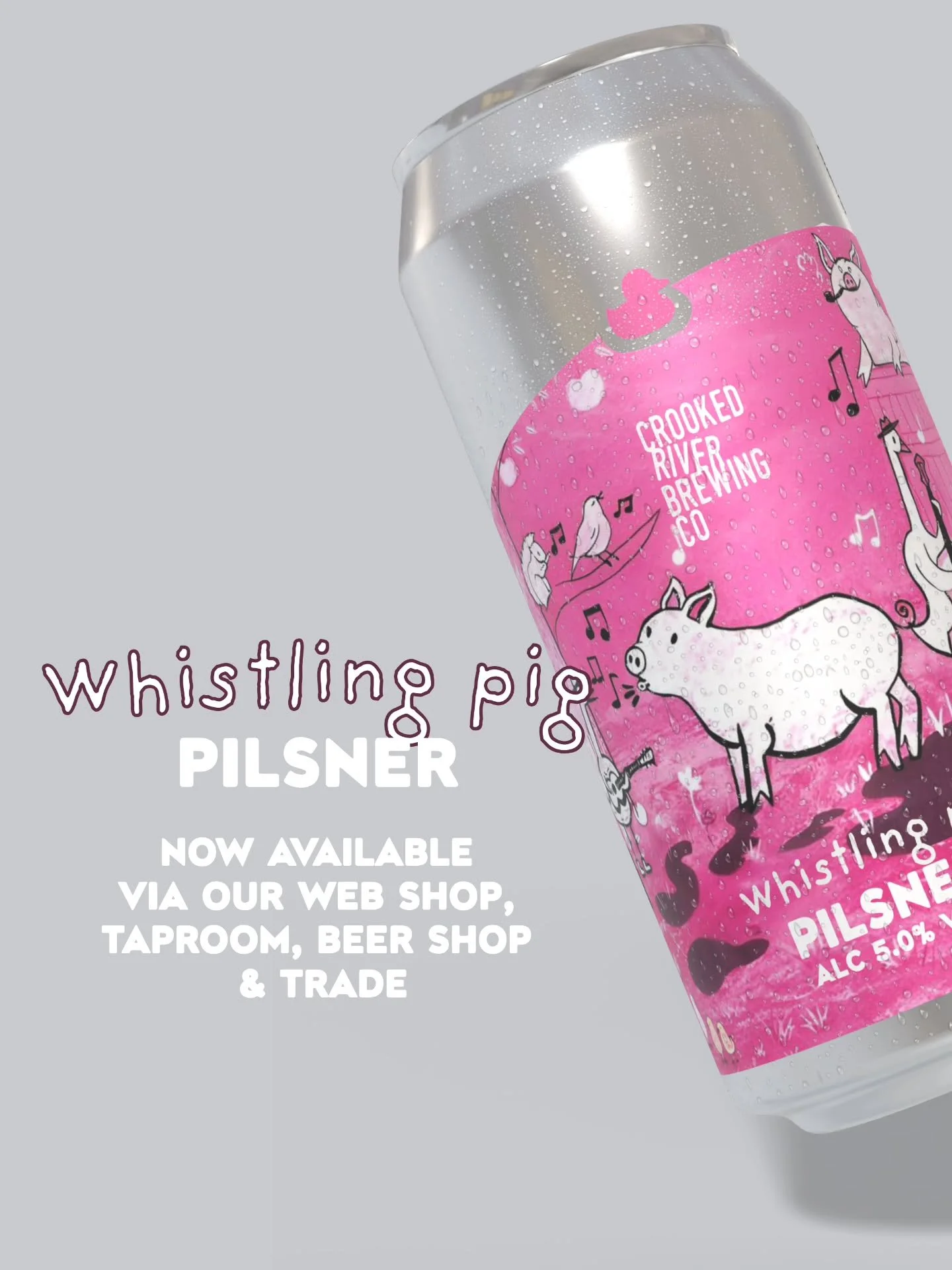 Today we welcome back a beloved beer with a big reputation, the Tractor Shed classic; WHISTLING PIG // PILSNER / 5%

Now in shiny new 440ml cans this long time favourite now has a new home in the Crooked River core range, also available for trade in 