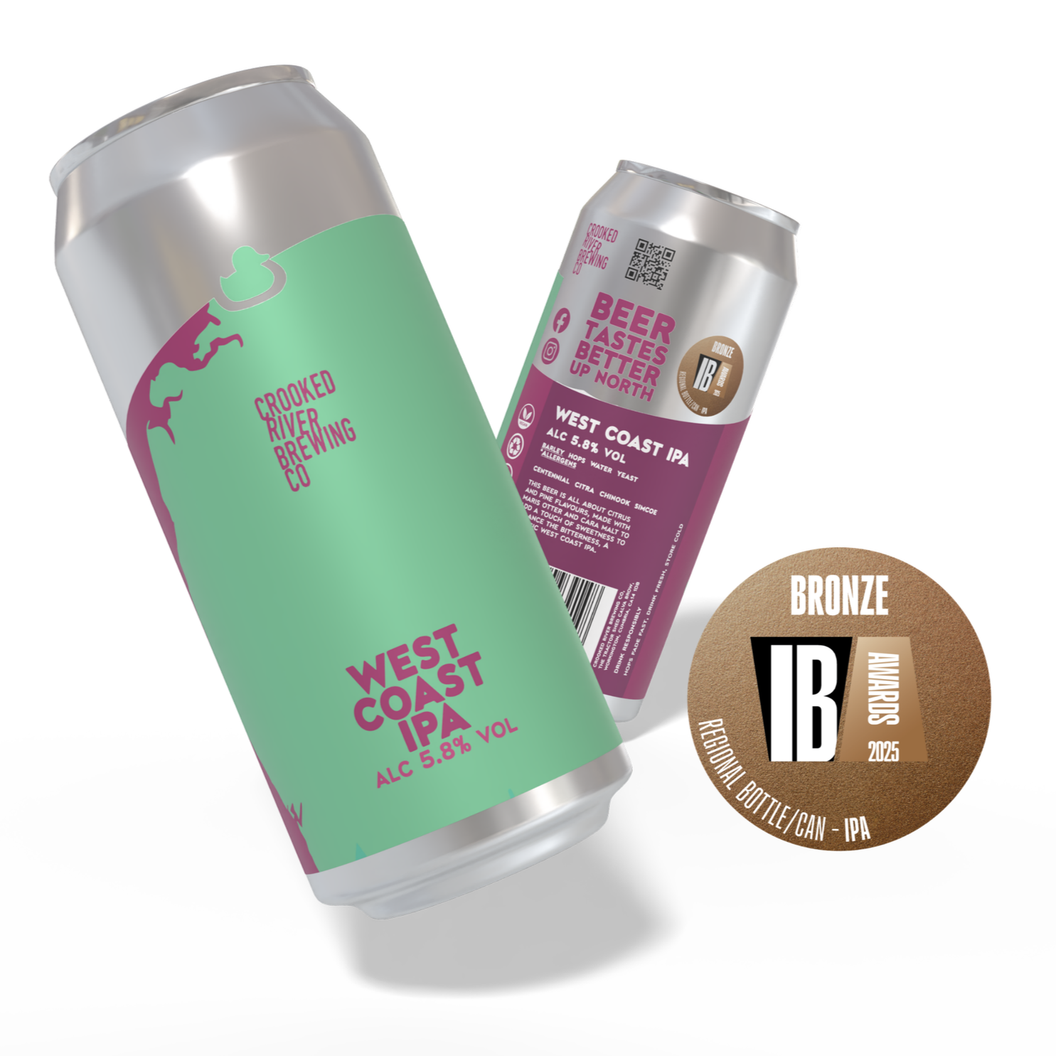 Two cans of West Coast IPA beer from Crooked River Brewing Co, one with a light green and purple label, and the other with a purple label, both with minimalist design and condensation on the surface.