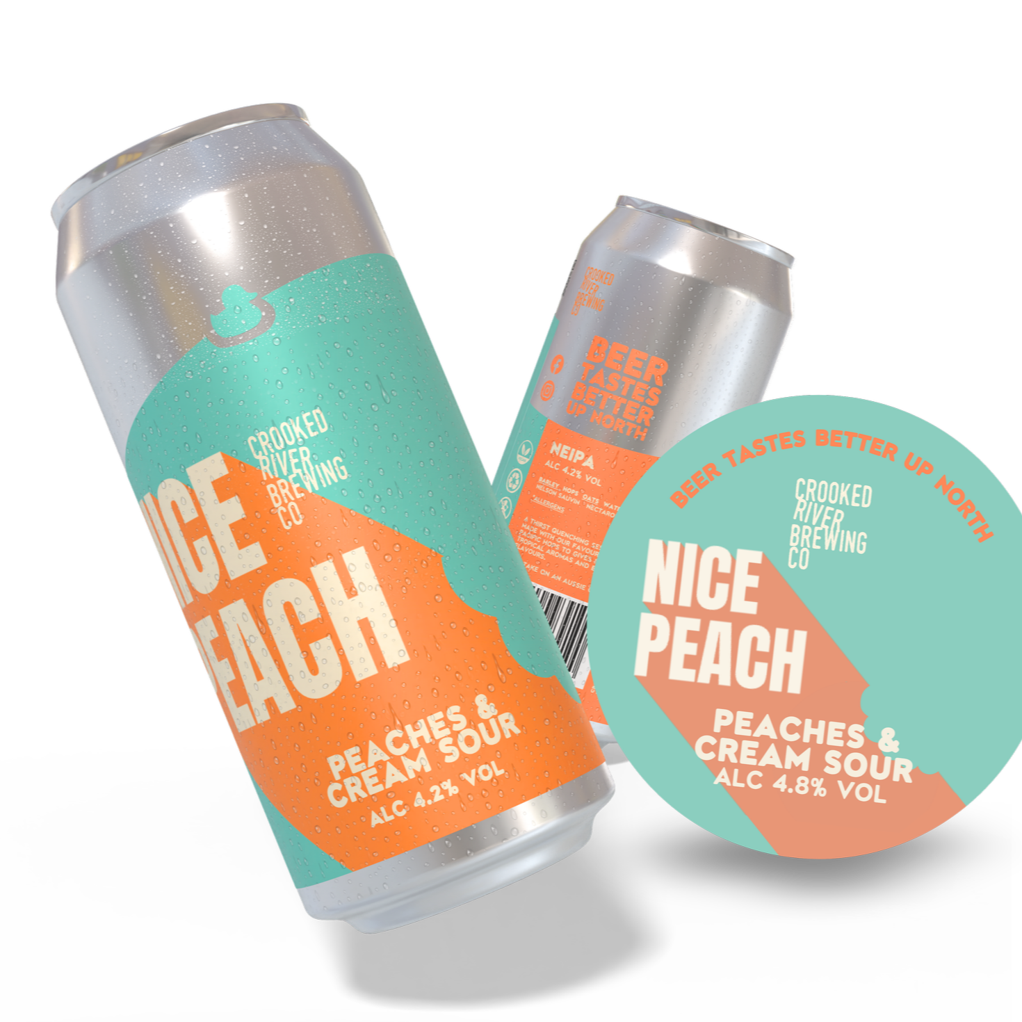 Can with a label featuring a peach design and a can with a red and teal label from Crooked River Brewing Co, advertising a peach and cream sour beer with 4.8% alcohol by volume.