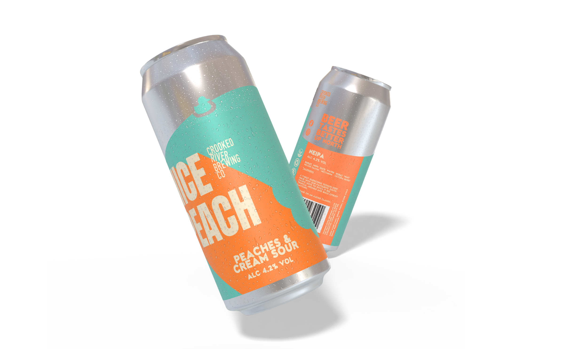 Can with a label featuring a peach design and a can with a red and teal label from Crooked River Brewing Co, advertising a peach and cream sour beer with 4.8% alcohol by volume.