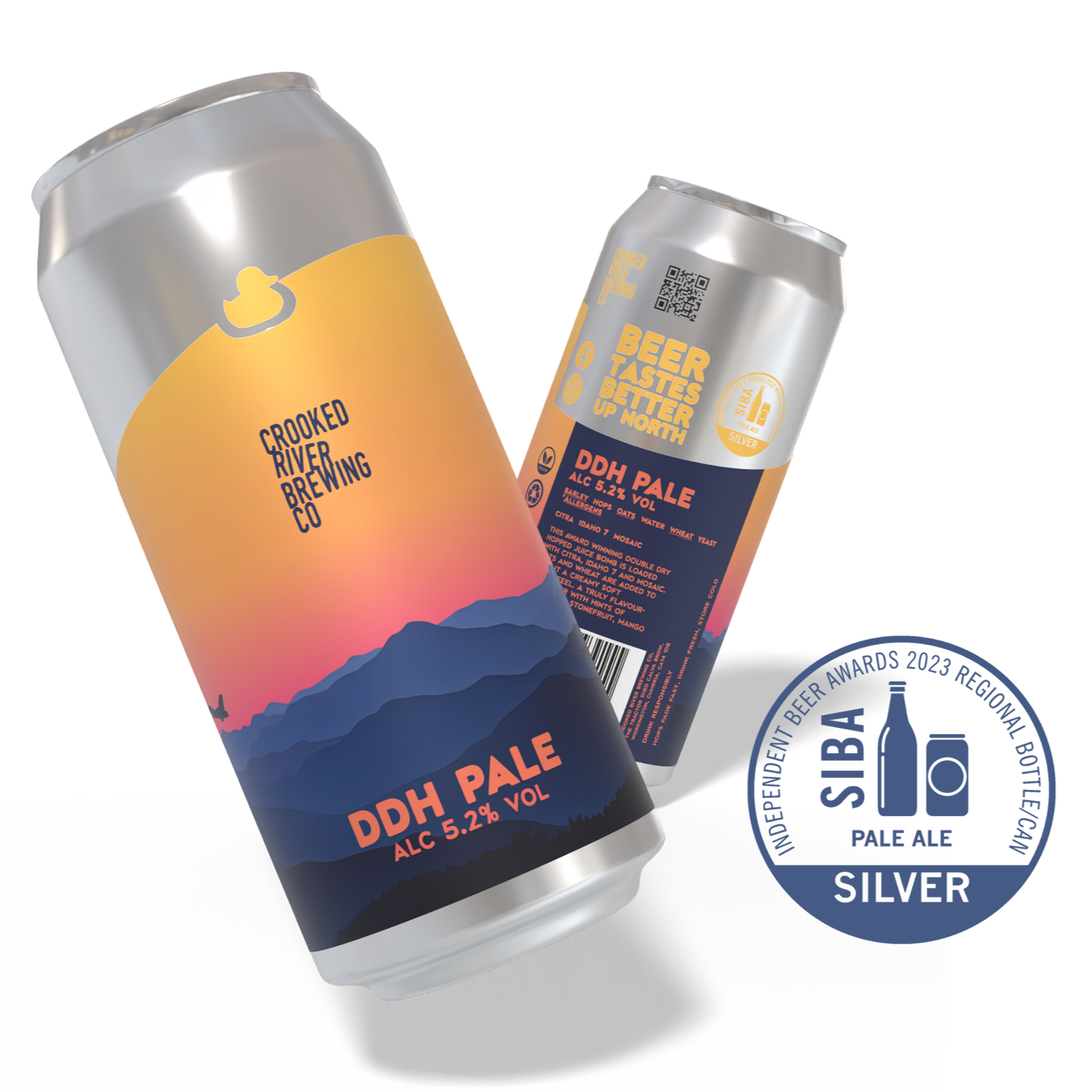 Two cans of beer from Crooked River Brewing Co, labeled 'DDH Pale' with 5.2% alcohol by volume, shown with condensation on their surface.