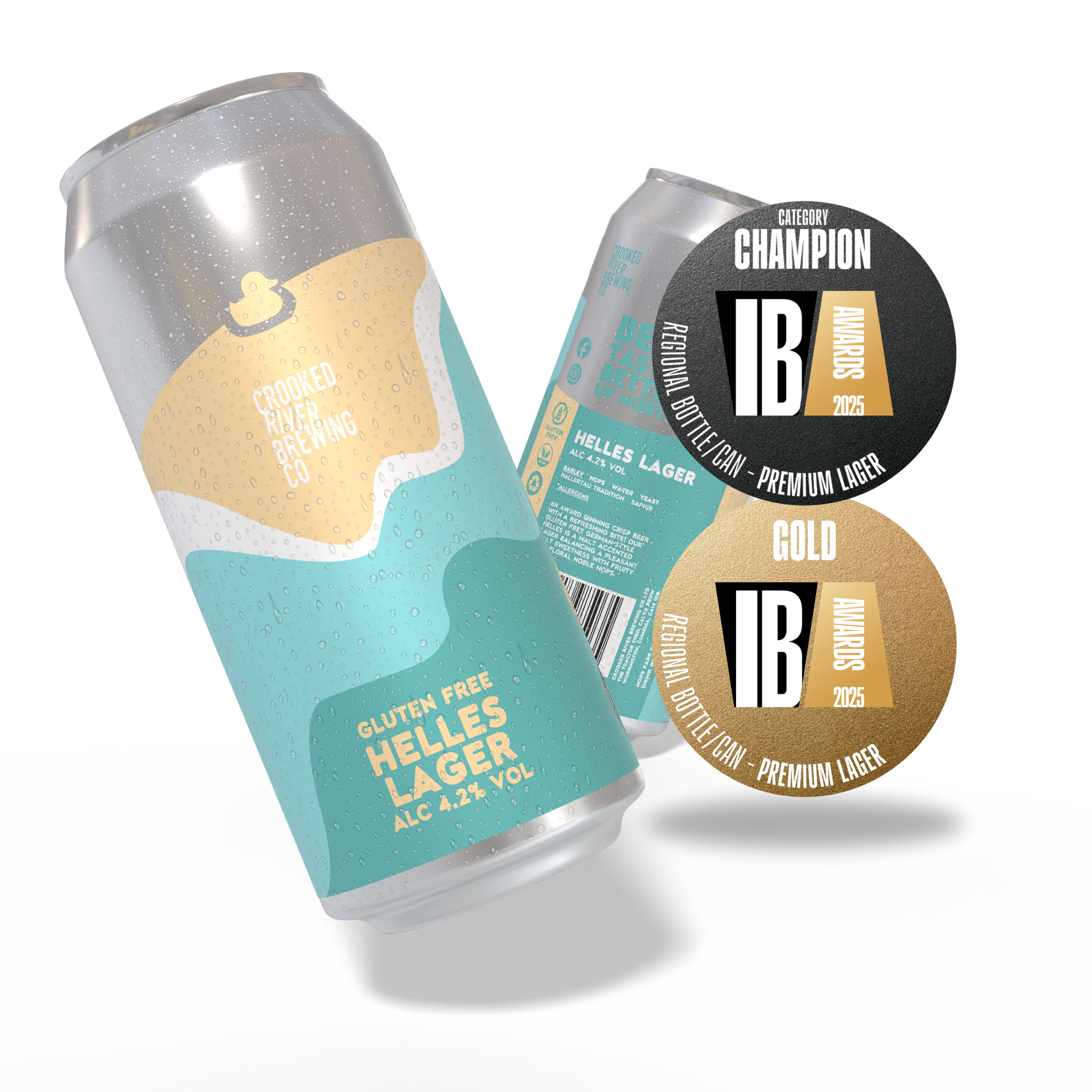 Two cans of gluten-free Helles Lager beer from Crooked River Brewing Co., with colorful labels and condensation on the cans.