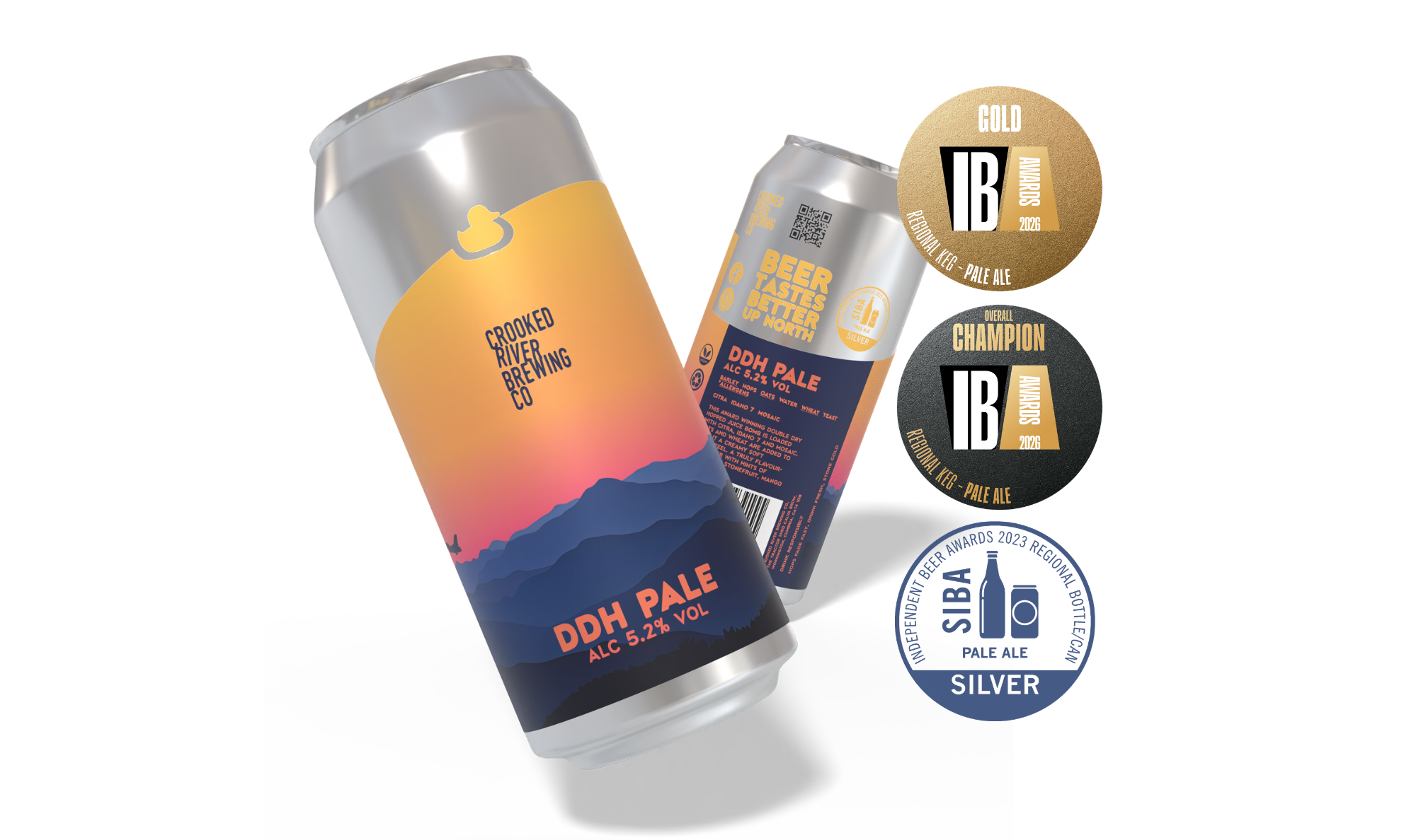 Two cans of beer from Crooked River Brewing Co, labeled 'DDH Pale' with 5.2% alcohol by volume, shown with condensation on their surface.