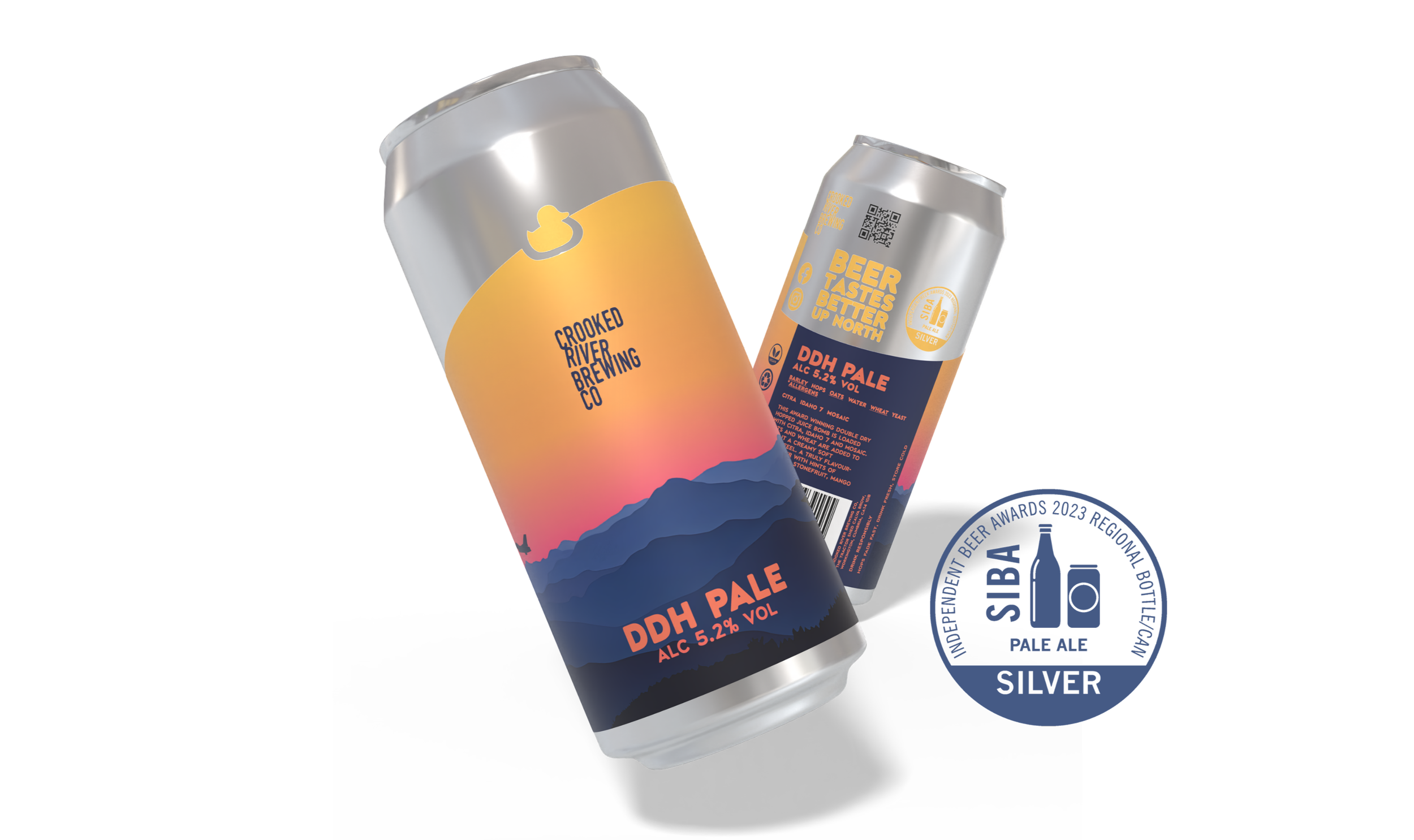 Two cans of ddh pale beer from Crooked Riverrewing Co., featuring pink and dark blue labels, with one can showing the beer style as DDH Pale with 5.2% alcohol content.