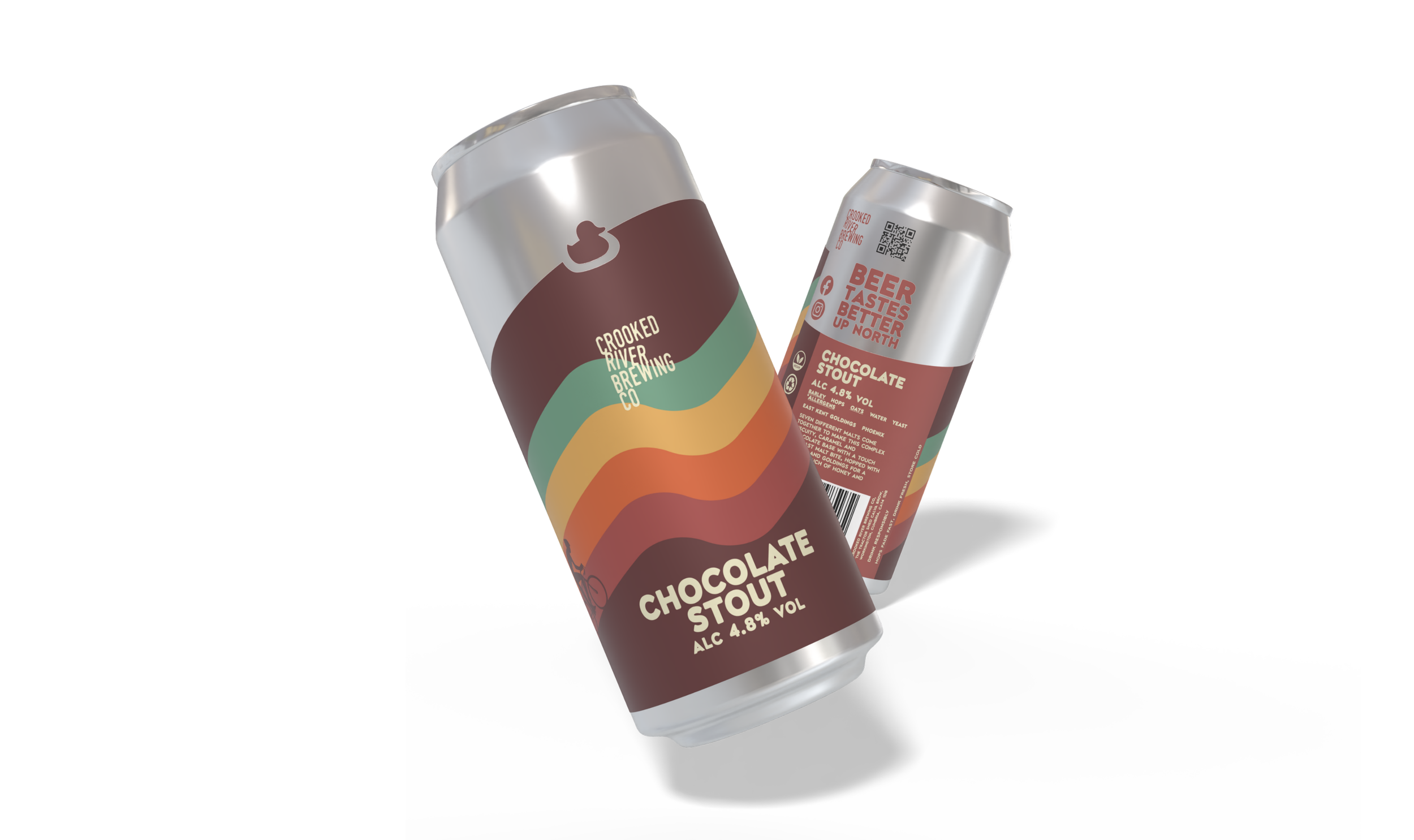 Circular label for Crooked River Brewing Co.'s Chocolate Stout, with colorful wavy stripes and text indicating 4.8% alcohol, slogan 'Brew Tastes Better Up North'.