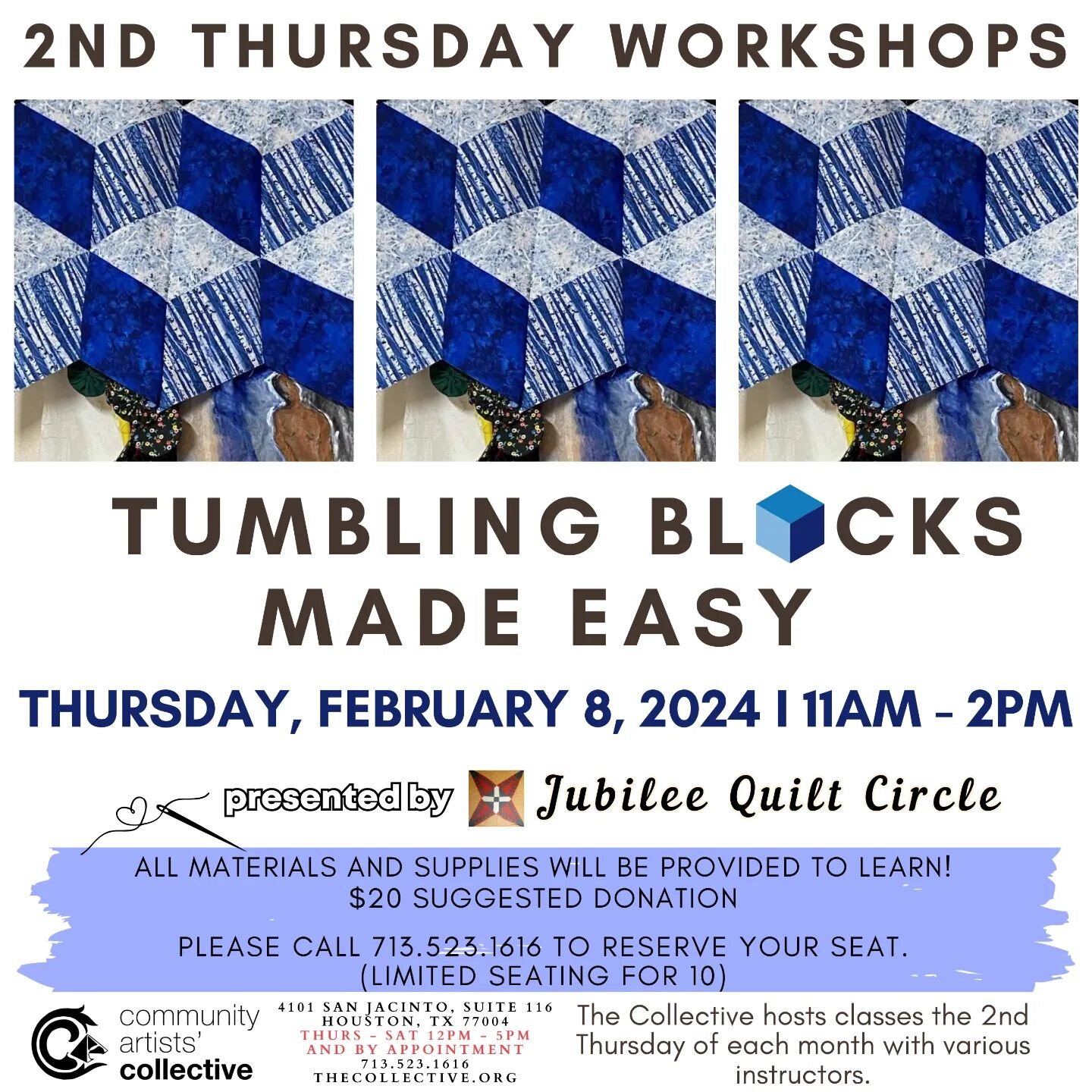 Bring a friend and reserve your seat for our first 2nd Thursday Workshop of 2024! 

This month our beloved Leslie of the Jubilee Quilt Circle will be teaching us about 🟦 Tumbling Blocks 🟦

Thursday, February 8, 2024
11am - 2pm
#quilt #craft #worksh