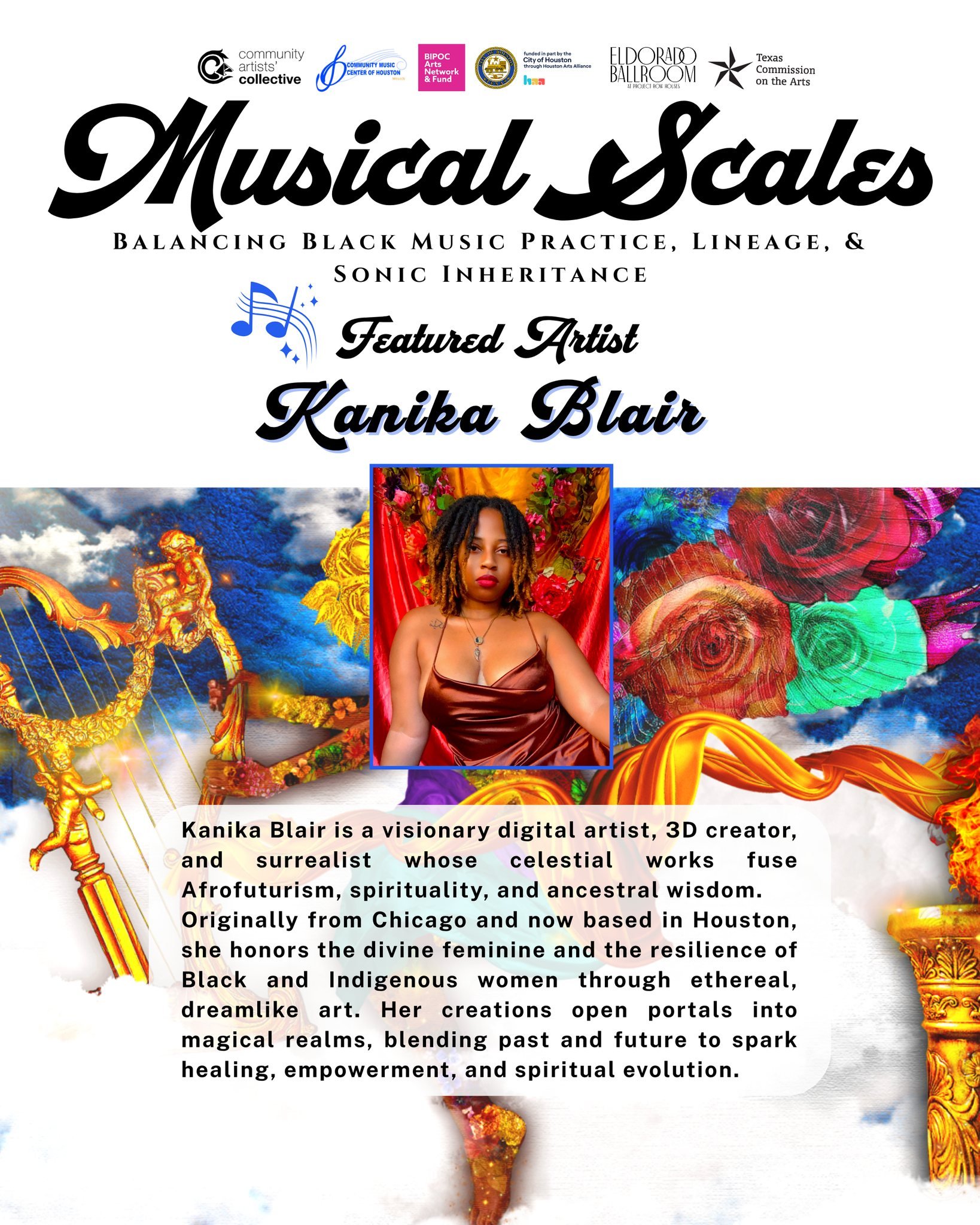 MUSICAL SCALES is happening till June 28th! Check out FEATURED ARTIST, Kanika Blair.
~
🎶 Join us for the 10th Annual Legacy Project: Musical Scales 
Presented by the Community Music Center of Houston @cmch_houston &amp; Community Artists&rsquo; Coll