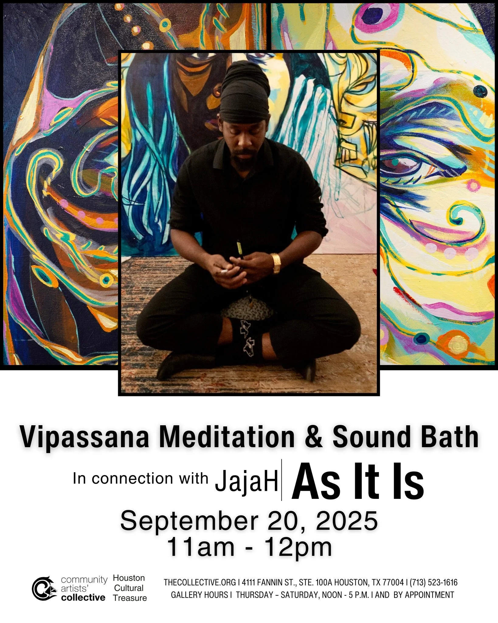 Take a moment to pause, breathe, and reconnect at Vipassana Meditation &amp; Sound Bath with JajaH @jahthegold , held in connection with his exhibition &quot;As It Is&quot;. This guided session offers a space for deep stillness and reflection through