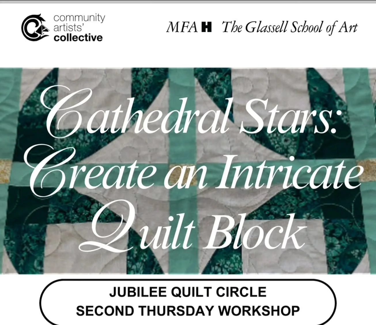 Join The Collective's Jubilee Quilt Circle for this month's 2nd Thursday Workshop! 
Cathedral Stars: Make Intricate Quilt Blocks with Leslie Abrams. For the intermediate skilled familiar with using a sewing machine. 

2nd Thursday Workshops are free 