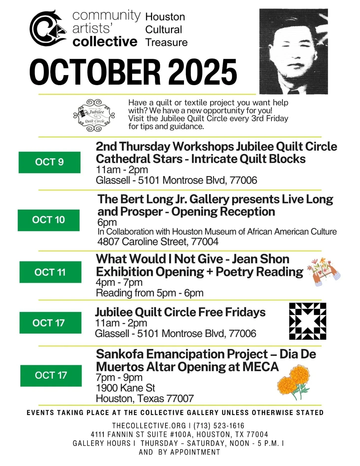 October at The Collective
🍂
This month, creativity and collaboration are in full bloom across Houston! Join us for quilt-making, art openings, poetry, and community reflection.

&bull; Oct 9 &ndash; 2nd Thursday Workshop with Jubilee Quilt Circle: C