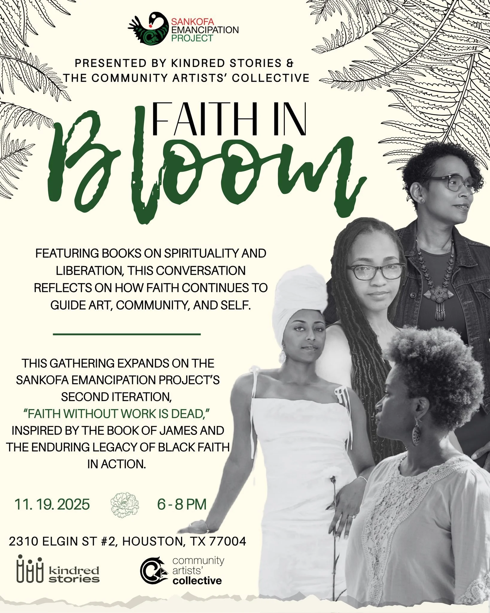 Sankofa Emancipation Project invites you into an evening of books curated by Kindred Stories, dialogue, and reflection on the power of faith in action. Inspired by the words, &ldquo;Faith Without Works Is Dead,&quot; Kristi Rangel and her fellow crea